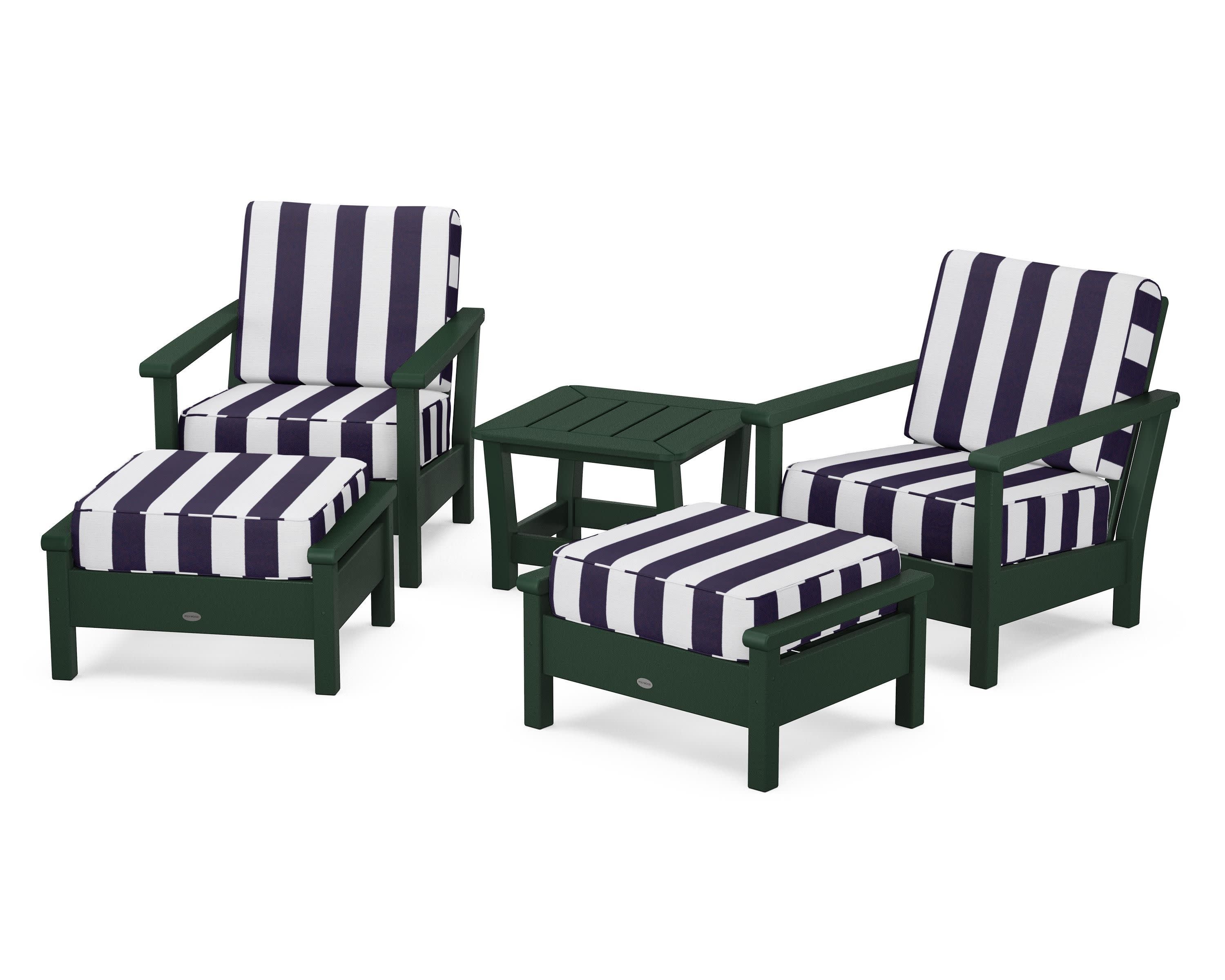 Harbour 5-Piece Deep Seating Chair Set in Green / Cabana Stripe Navy