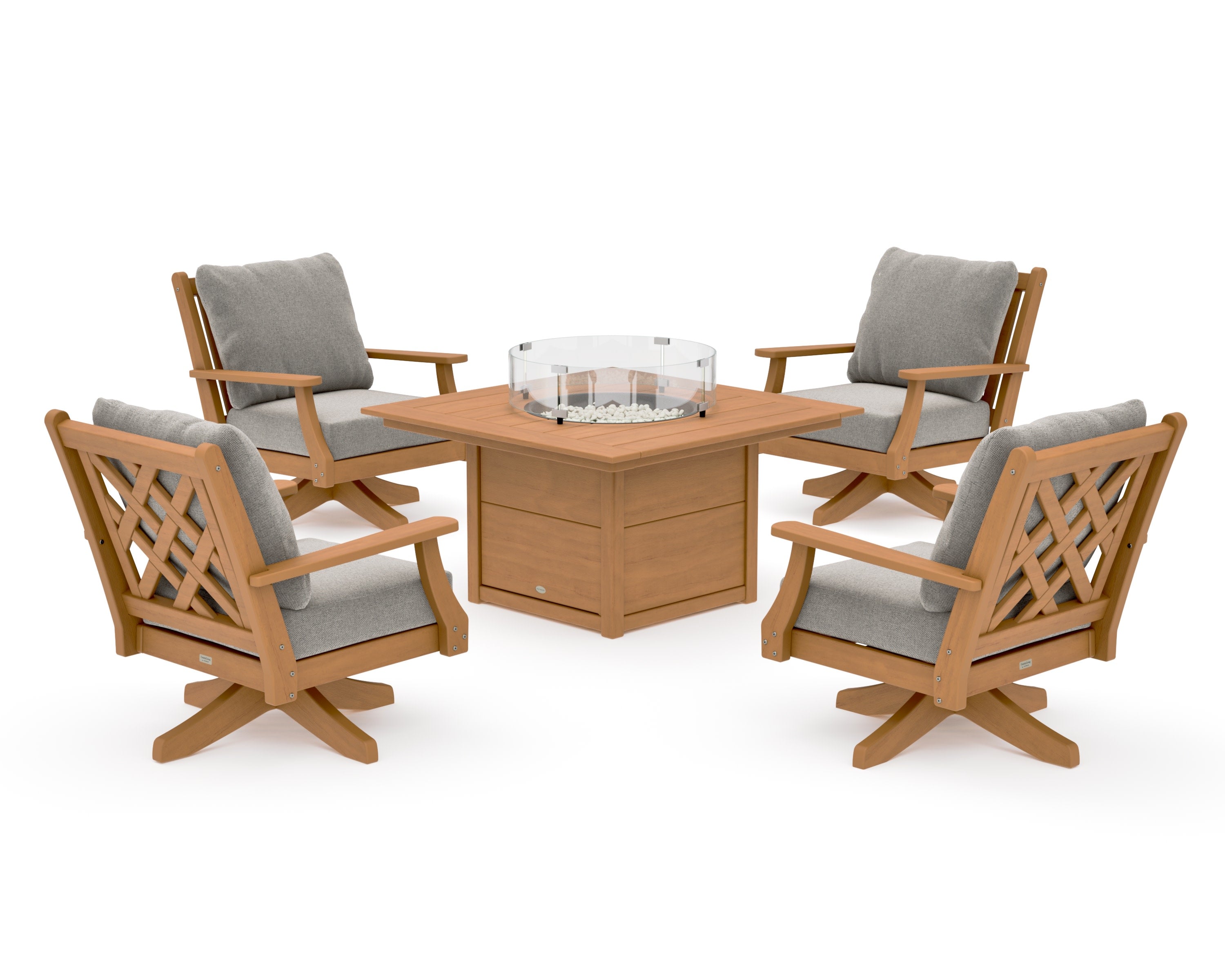 Wovendale 5-Piece Deep Seating Swivel Conversation Set with Fire Pit Table in Natural / Weathered Tweed