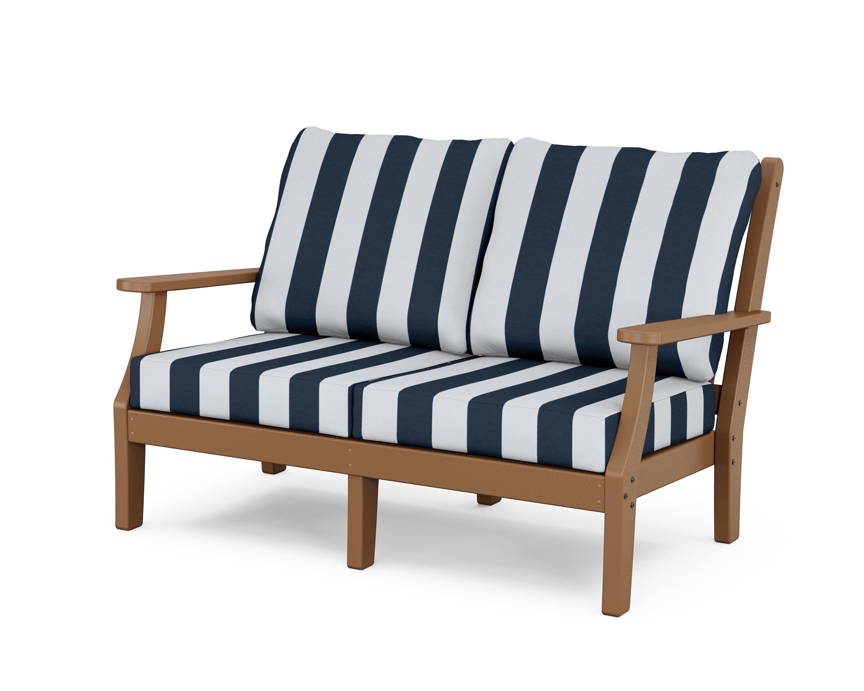Wovendale Deep Seating Loveseat in Teak / Cabana Stripe Marine Indigo