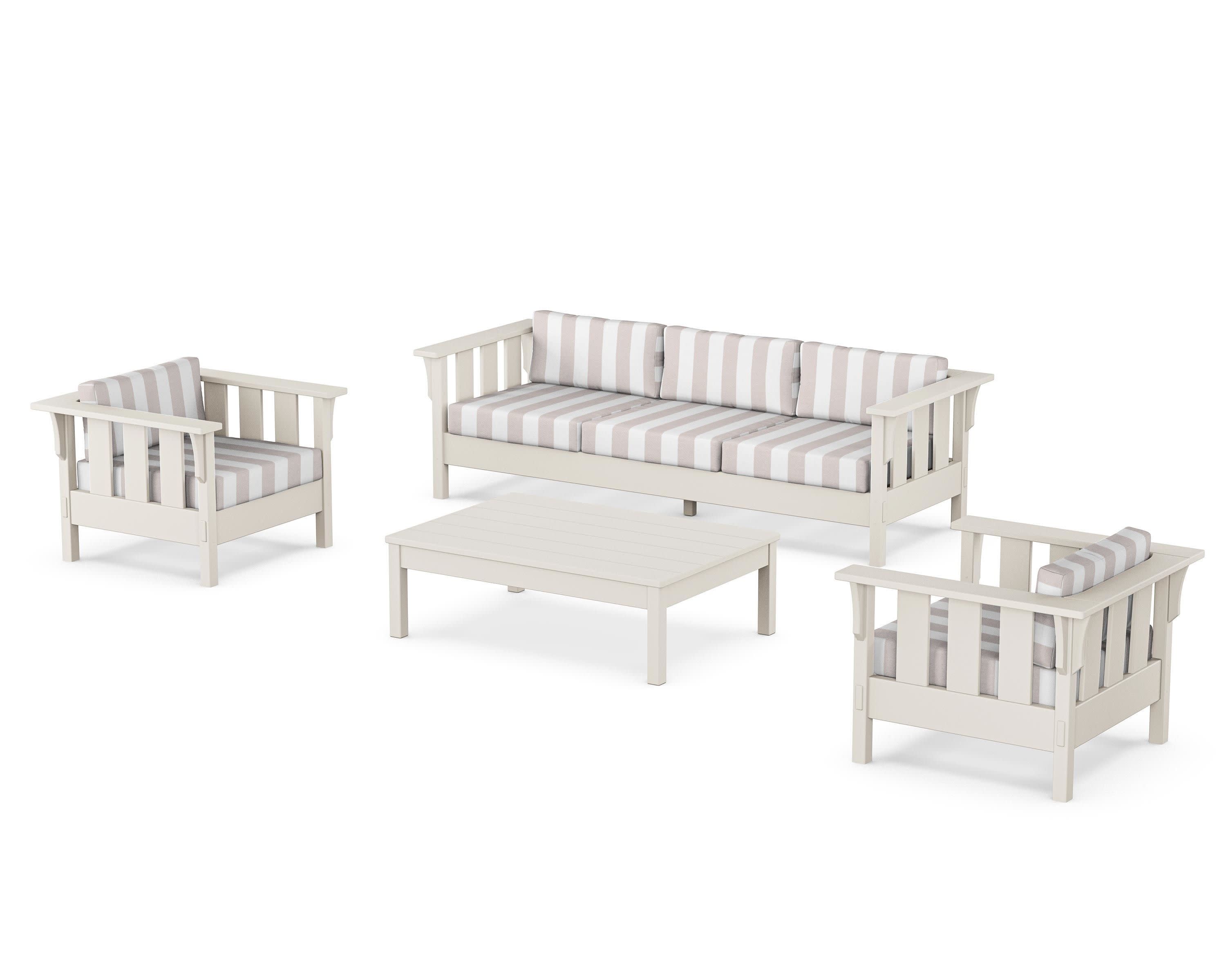 Acadia 4-Piece Deep Seating Set with Sofa in Sand / Cabana Stripe Dune Burlap