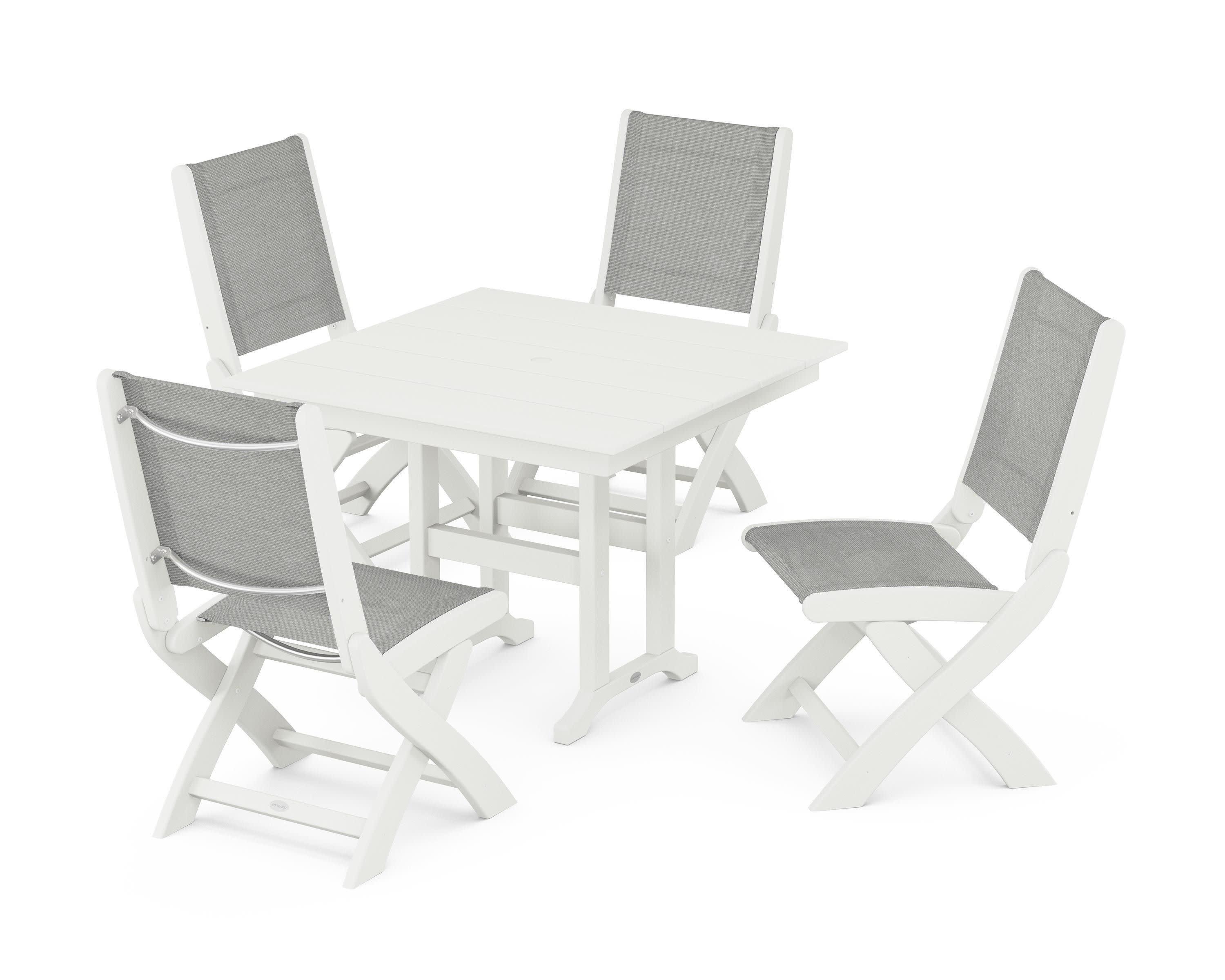 Coastal Folding Side Chair 5-Piece Farmhouse Dining Set in Vintage White / Metallic Sling