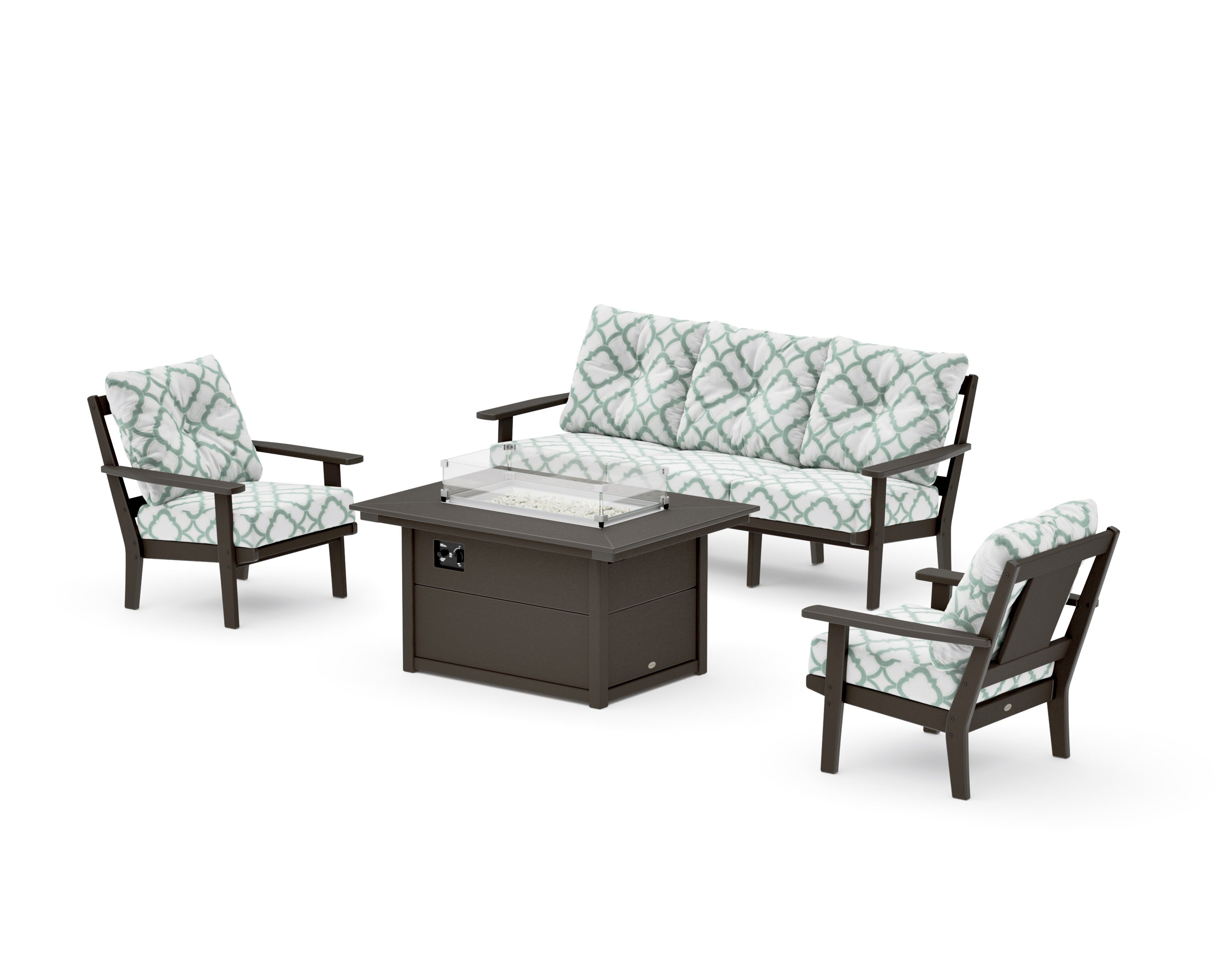 Prairie Deep Seating Fire Pit Table Set in Vintage Coffee / Trellis Glacier Spa