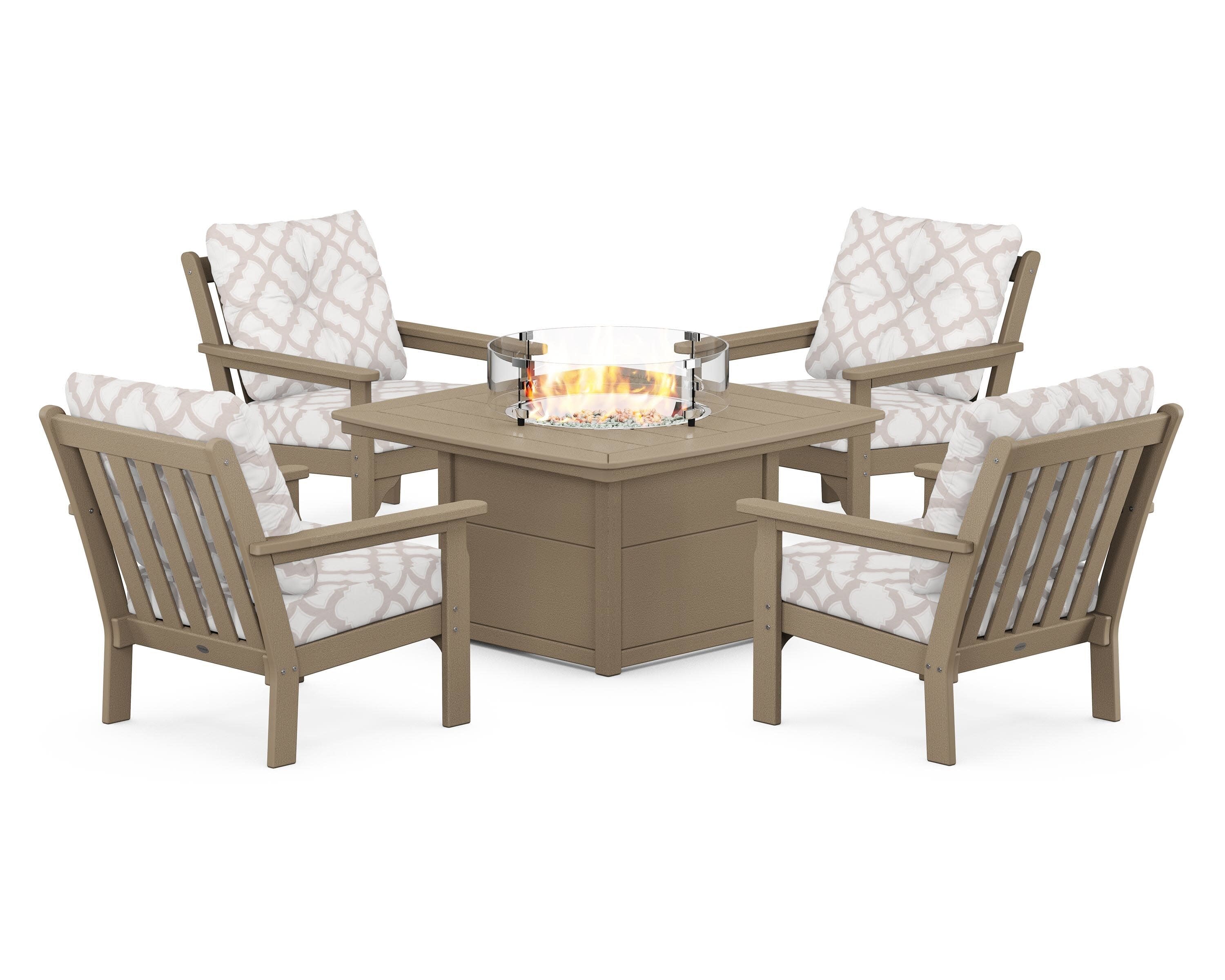 Vineyard 5-Piece Conversation Set with Fire Pit Table in Vintage Sahara / Trellis Dune Burlap