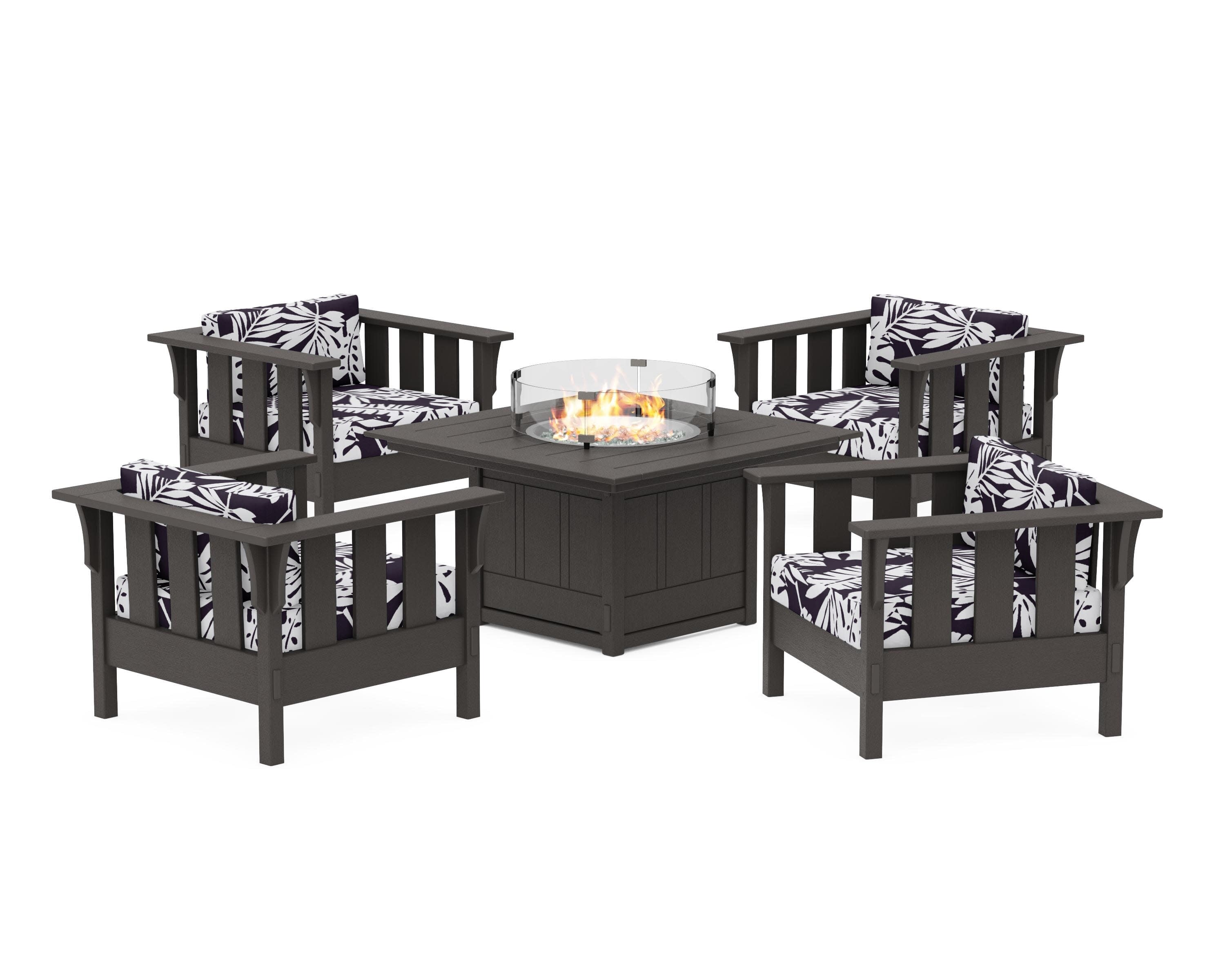 Acadia 5-Piece Deep Seating Set with Fire Pit Table in Vintage Coffee / Leaf Navy