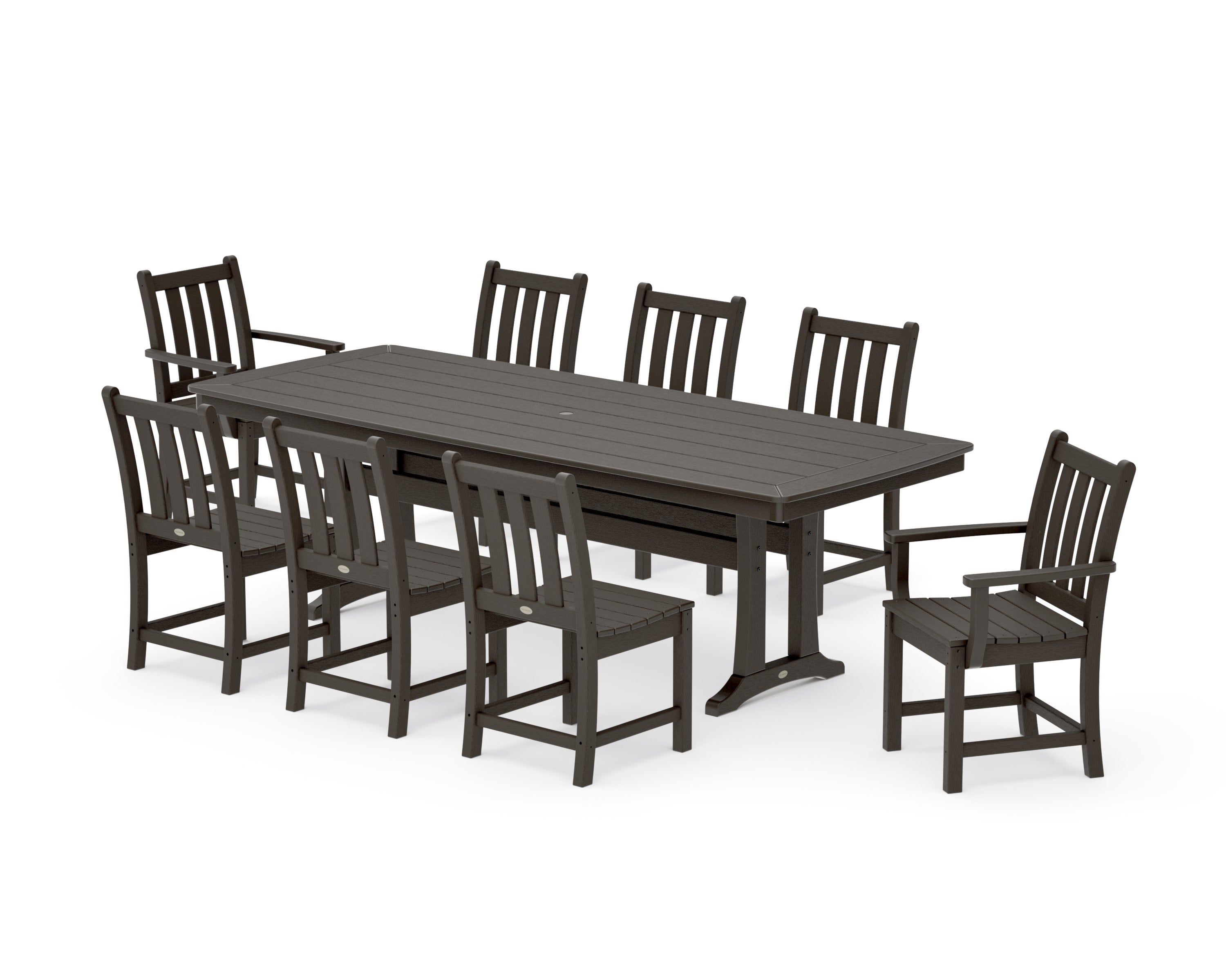 Traditional Garden 9-Piece Dining Set with Trestle Legs in Vintage Coffee