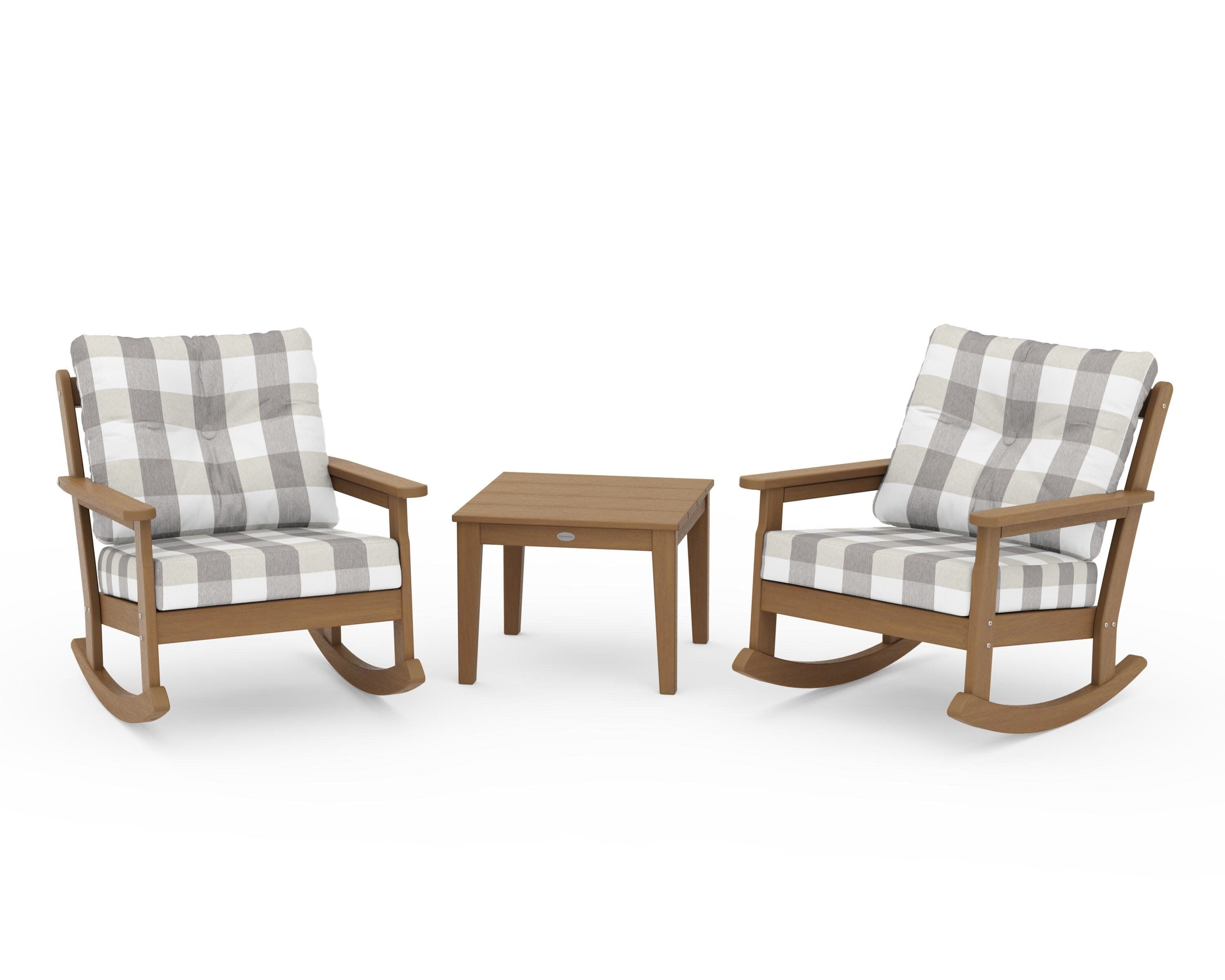Vineyard 3-Piece Deep Seating Rocker Set in Natural / Buffalo Plaid Grey Mist
