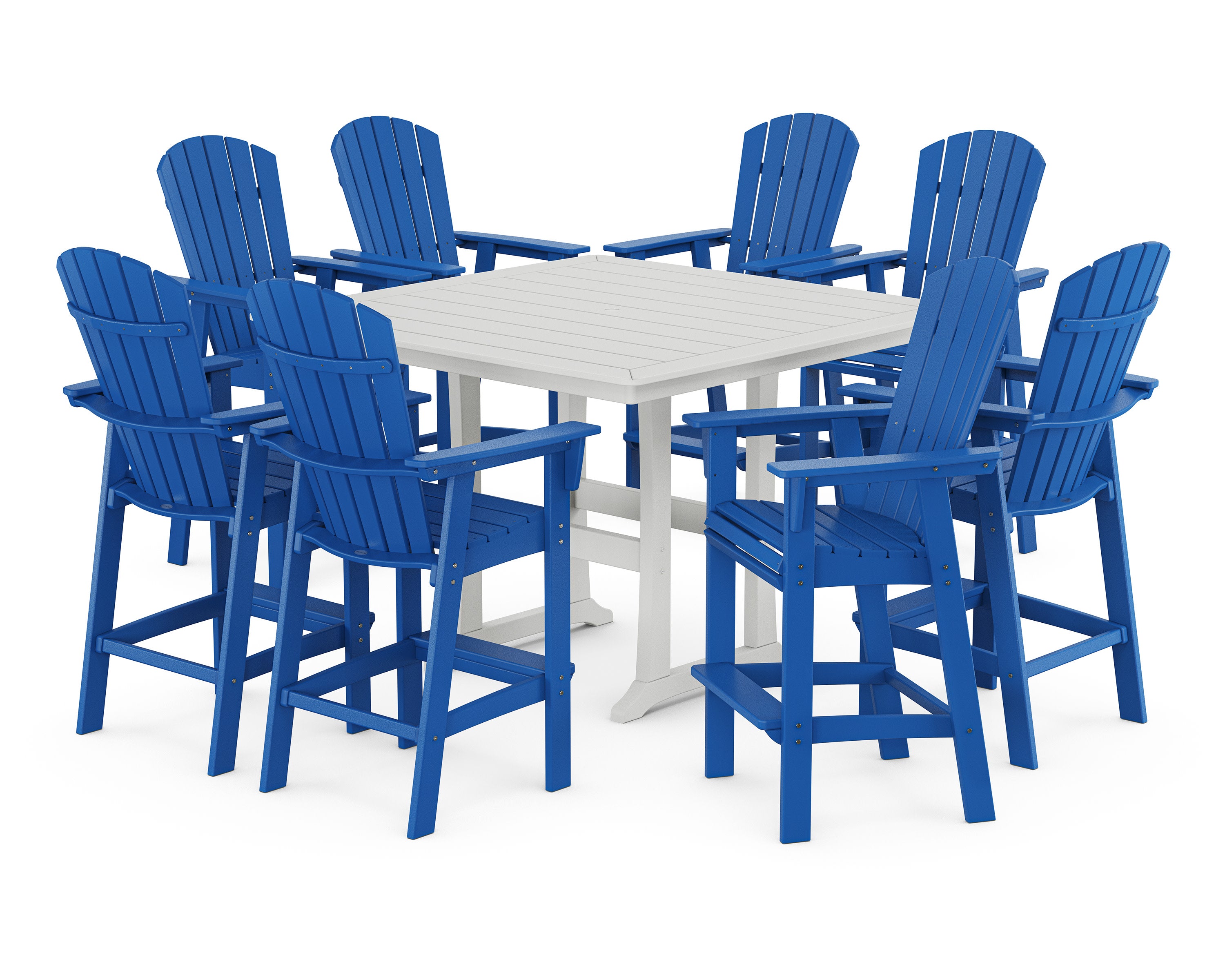 Nautical Curveback Adirondack 9-Piece Trestle Bar Set in Pacific Blue / White