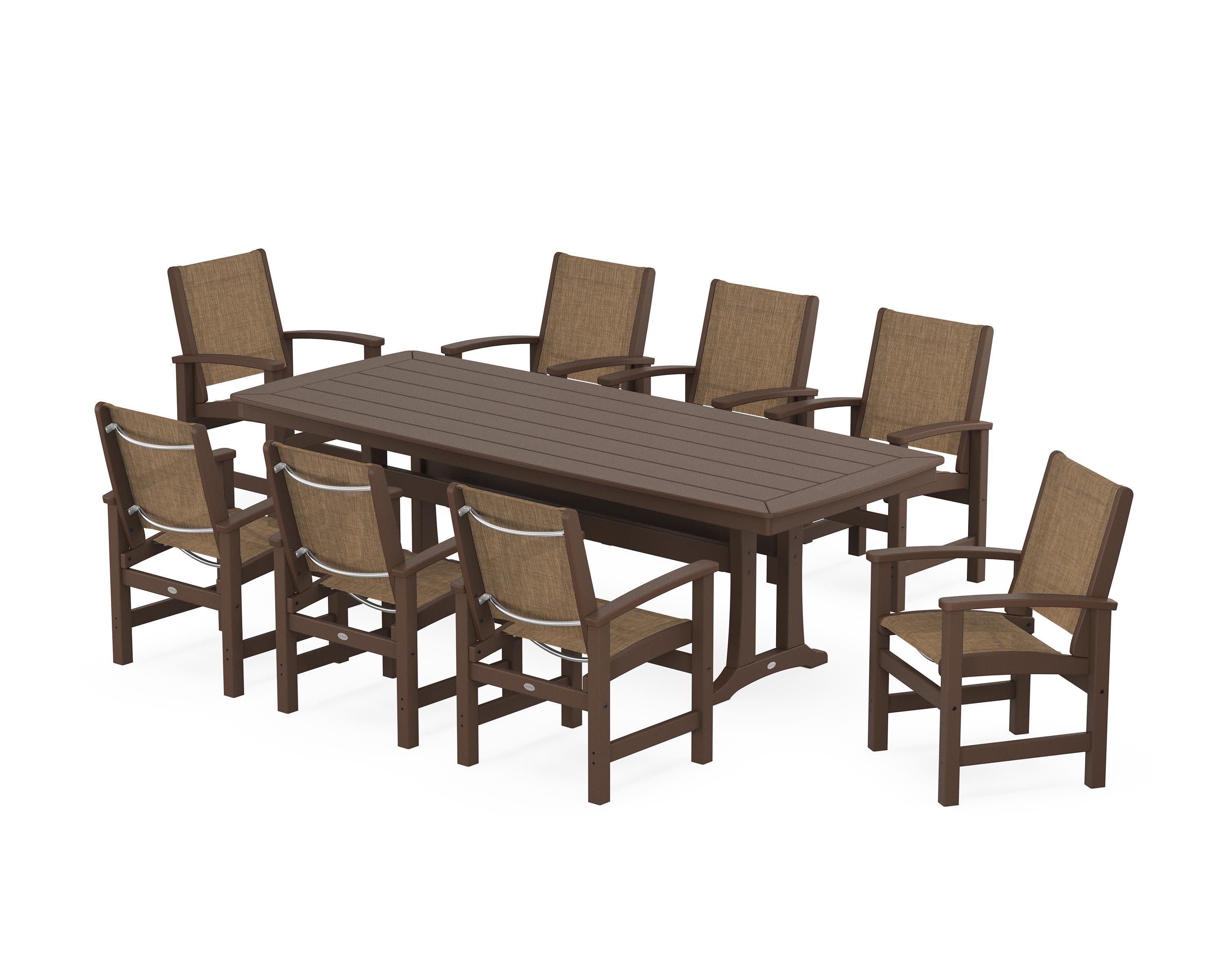 Coastal 9-Piece Dining Set with Trestle Legs in Mahogany / Burlap Sling