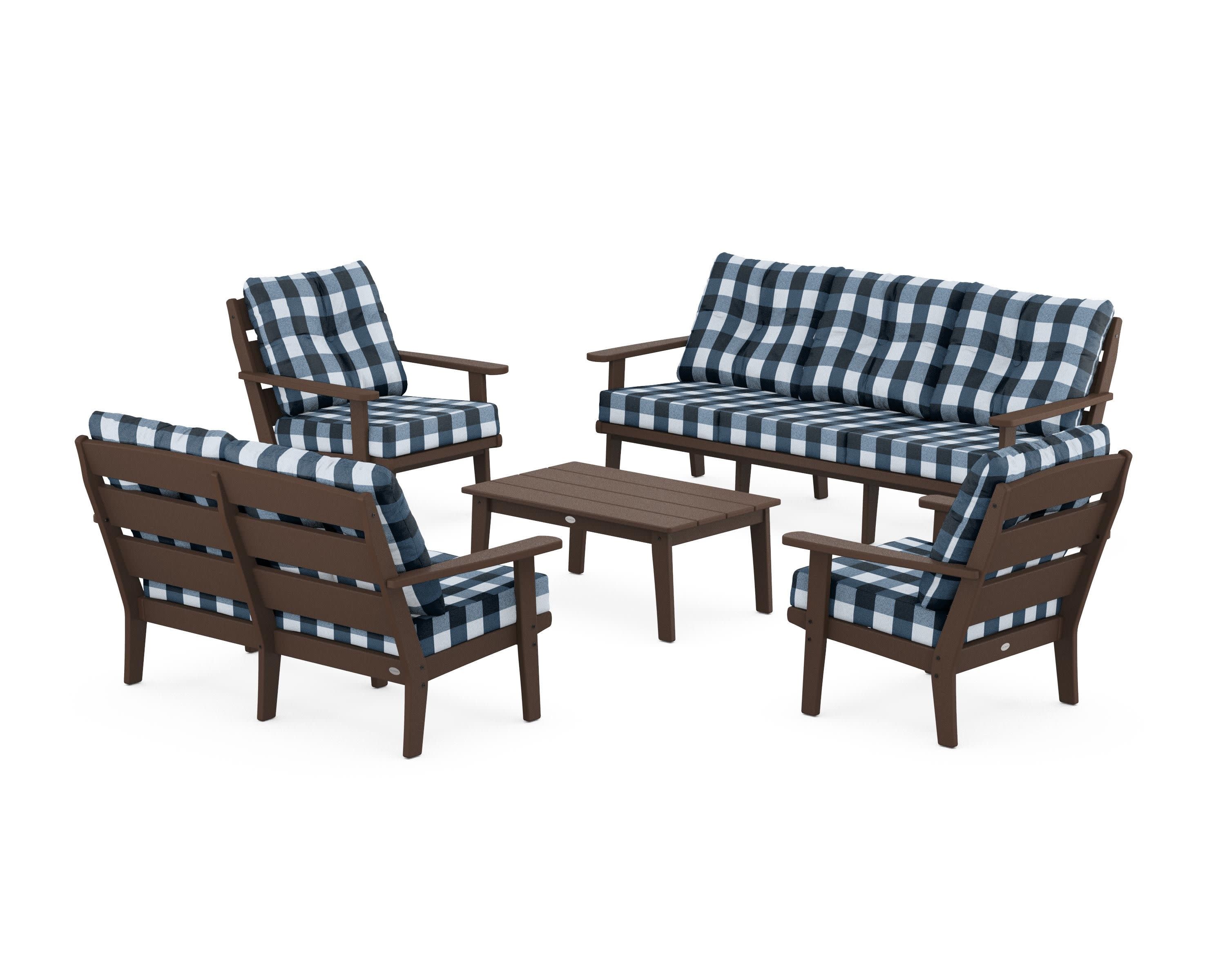 Lakeside 5-Piece Lounge Sofa Set in Mahogany / Buffalo Plaid Marine Indigo