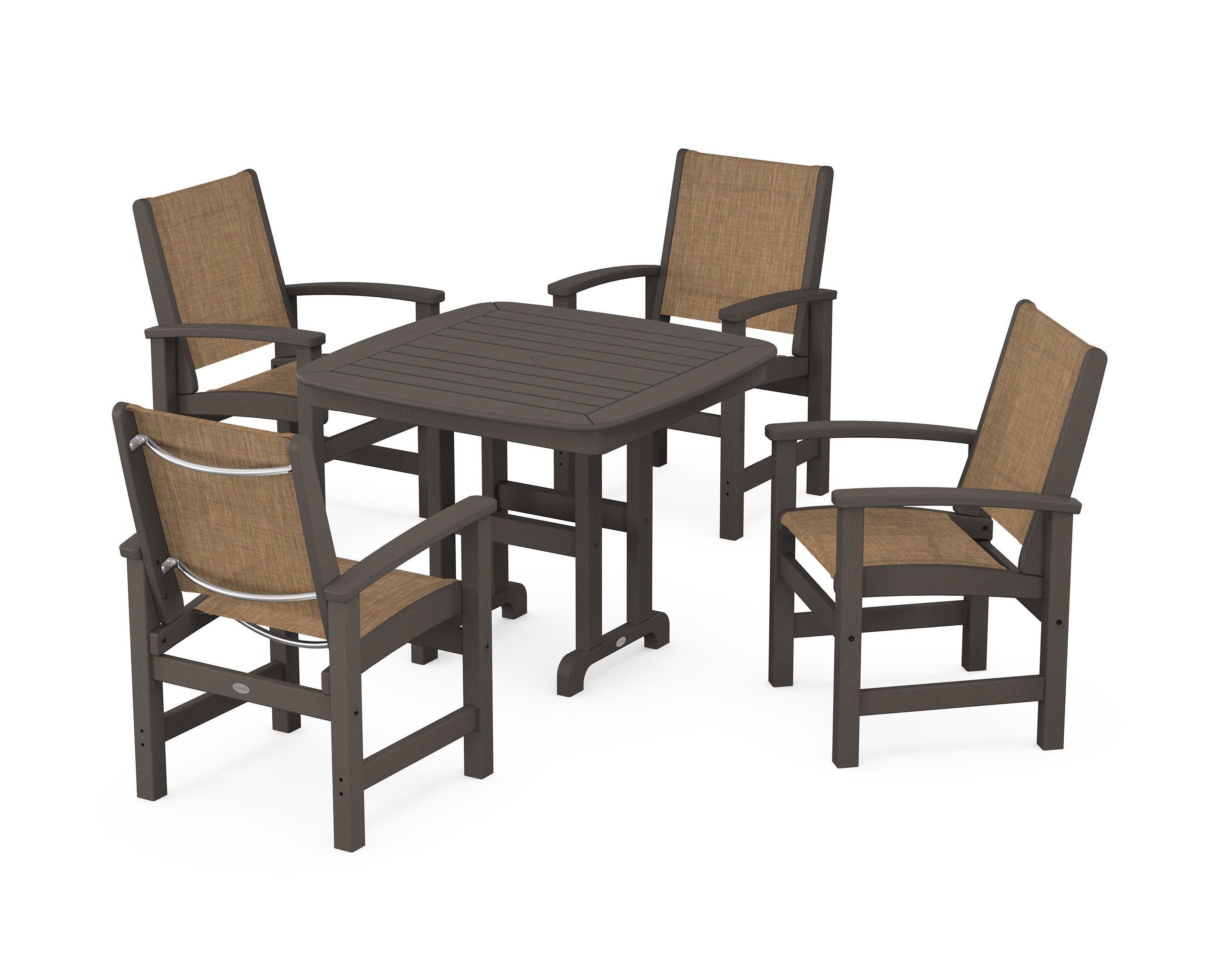 Coastal 5-Piece Dining Set in Vintage Coffee / Burlap Sling