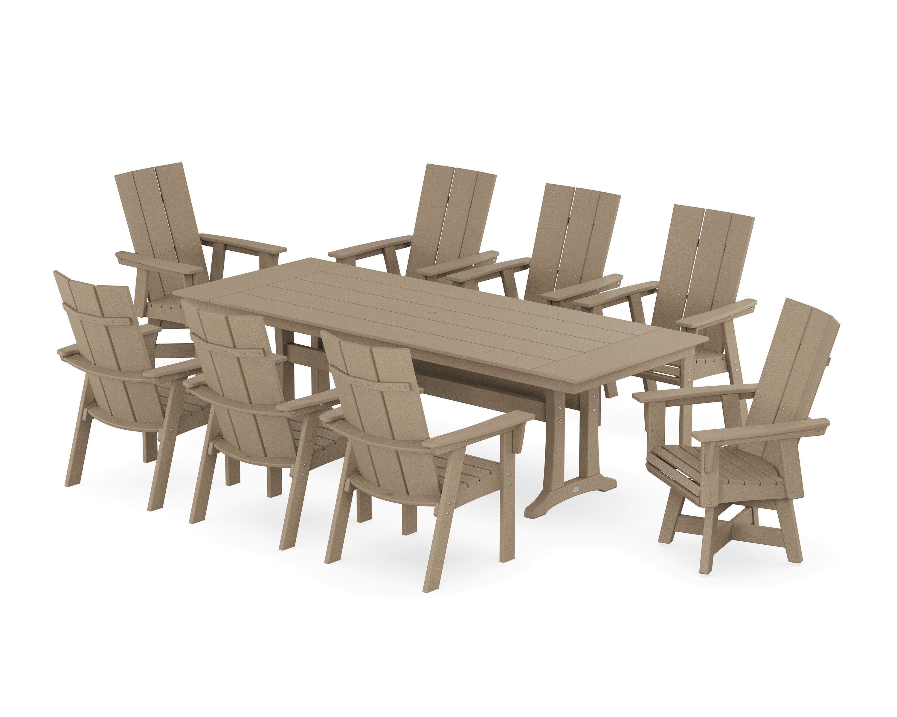 Modern Curveback Adirondack Swivel 9-Piece Farmhouse Dining Set with Trestle Legs in Vintage Sahara