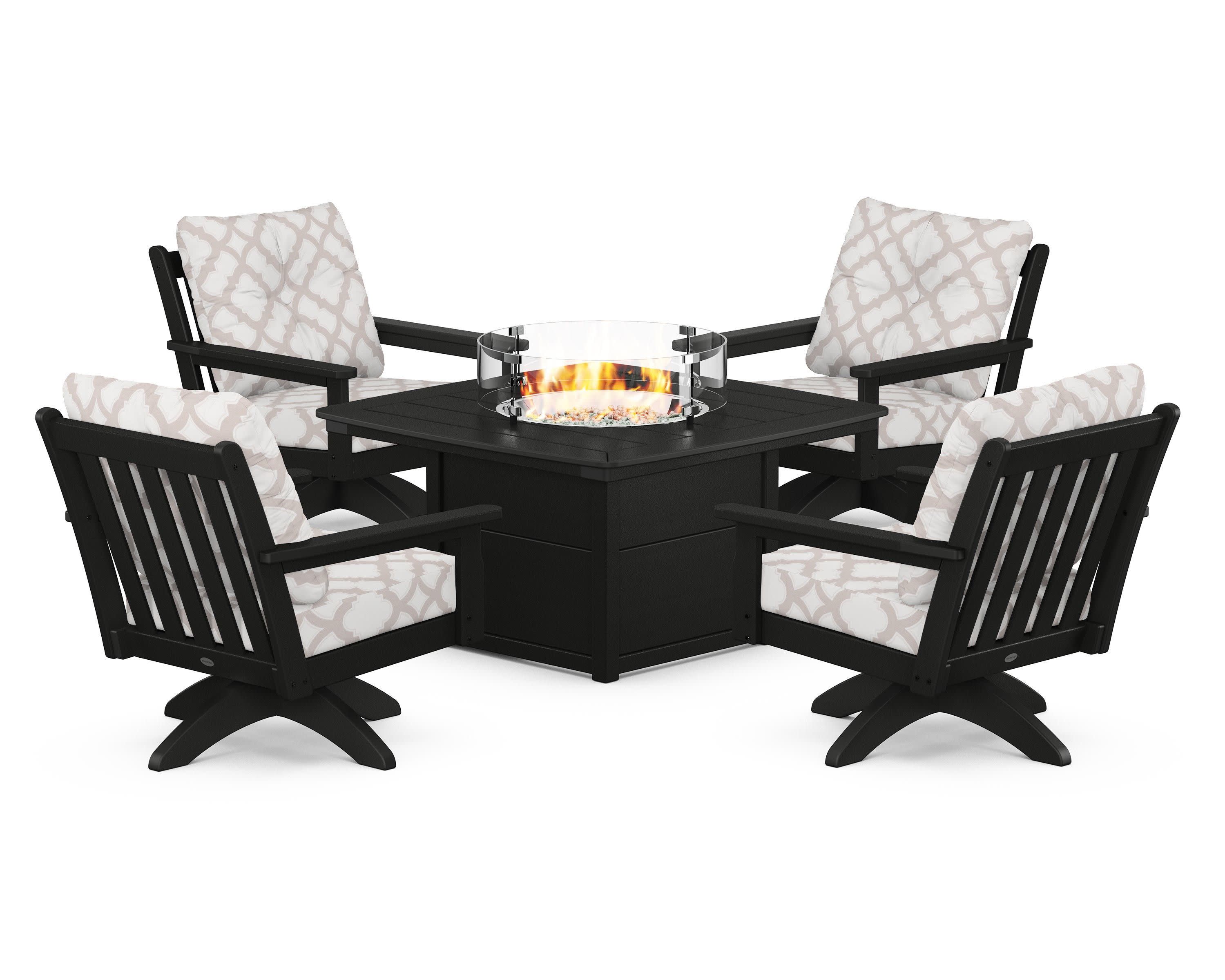 Vineyard 5-Piece Deep Seating Swivel Conversation Set with Fire Pit Table in Black / Trellis Dune Burlap