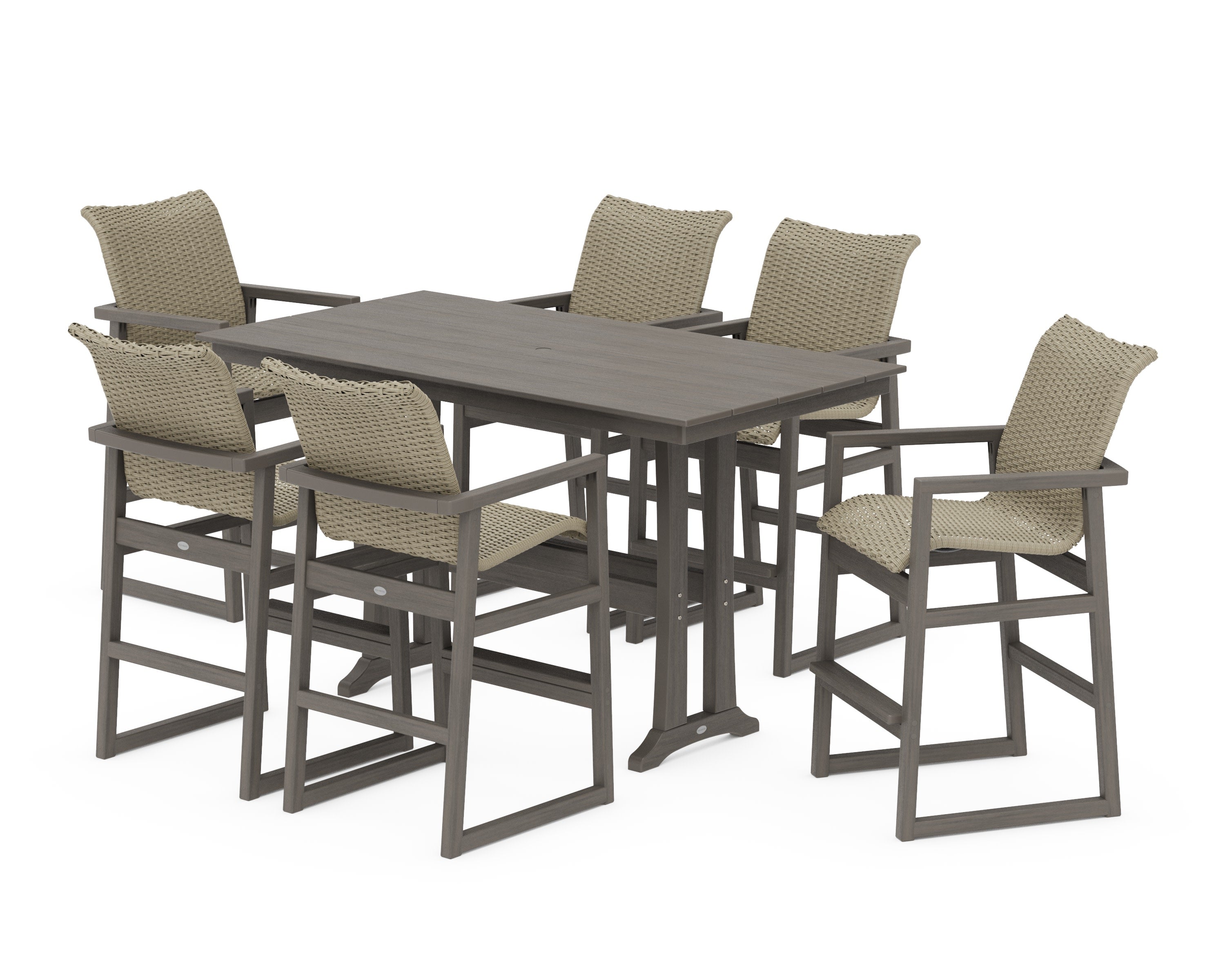 EDGE Woven Arm Chair 7-Piece Farmhouse Bar Set with Trestle Legs in Driftwood / Dune Grass