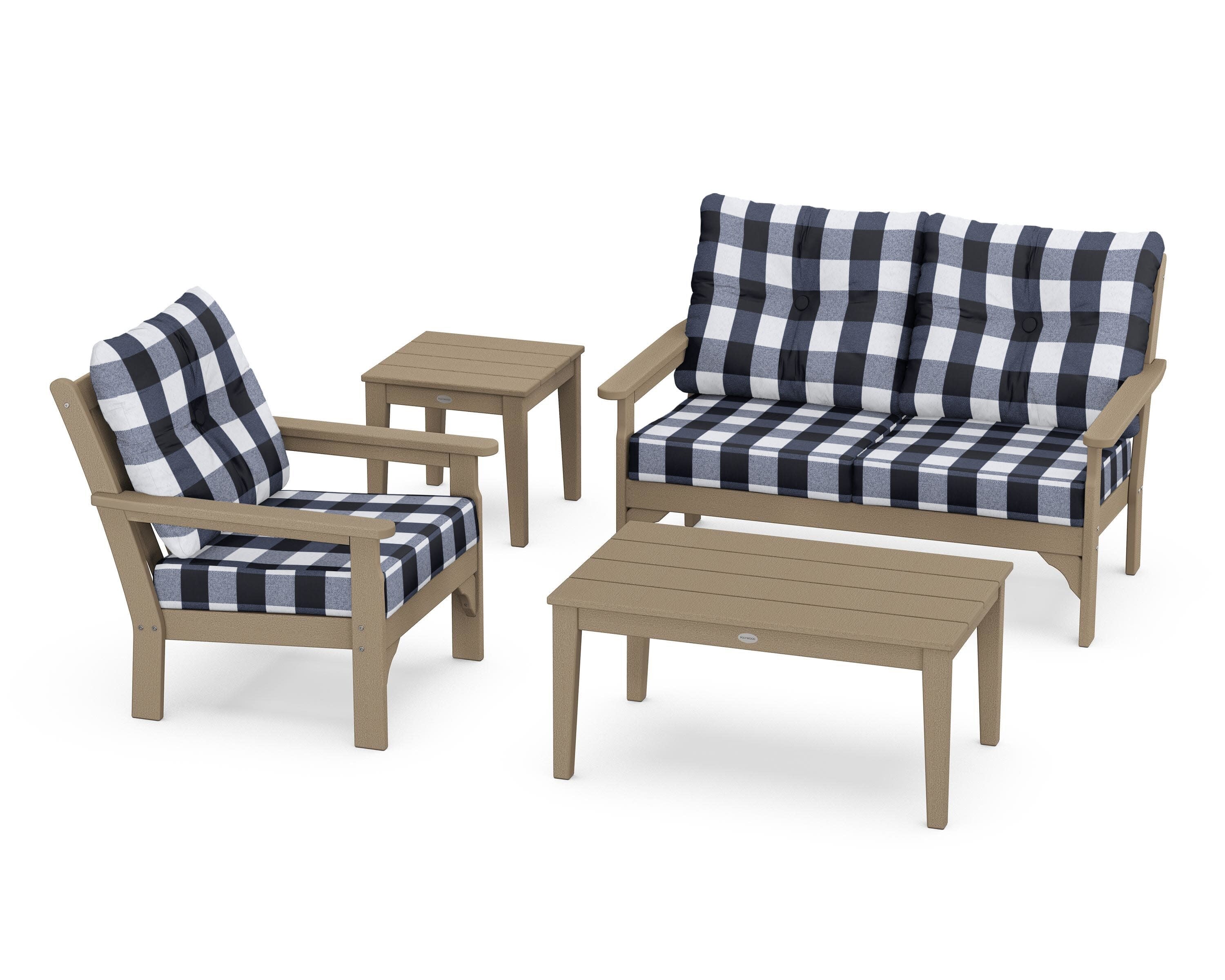 Vineyard 4-Piece Deep Seating Set in Vintage Sahara / Buffalo Plaid Marine Indigo