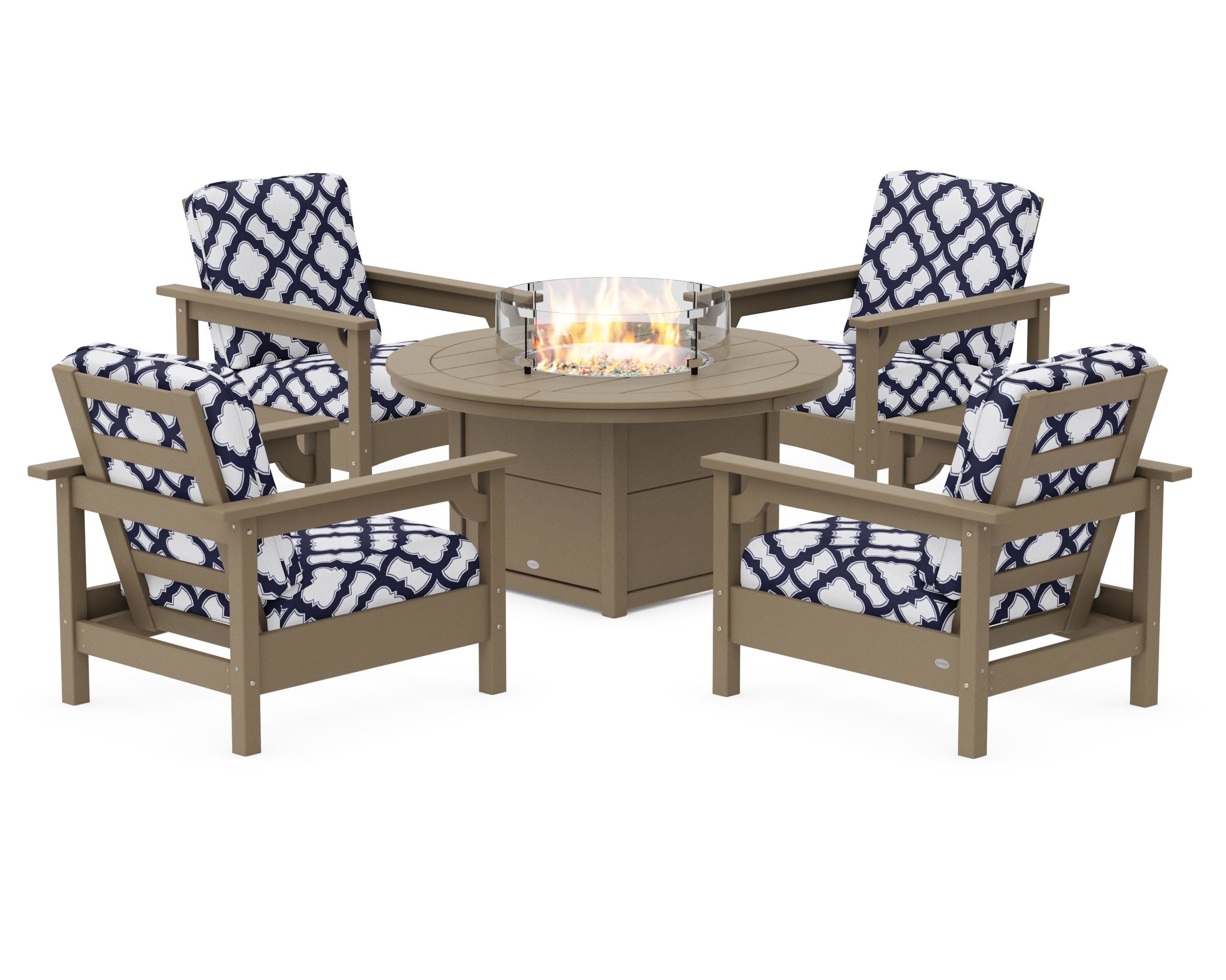 Club 5-Piece Conversation Set with Fire Pit Table in Vintage Sahara / Trellis Navy