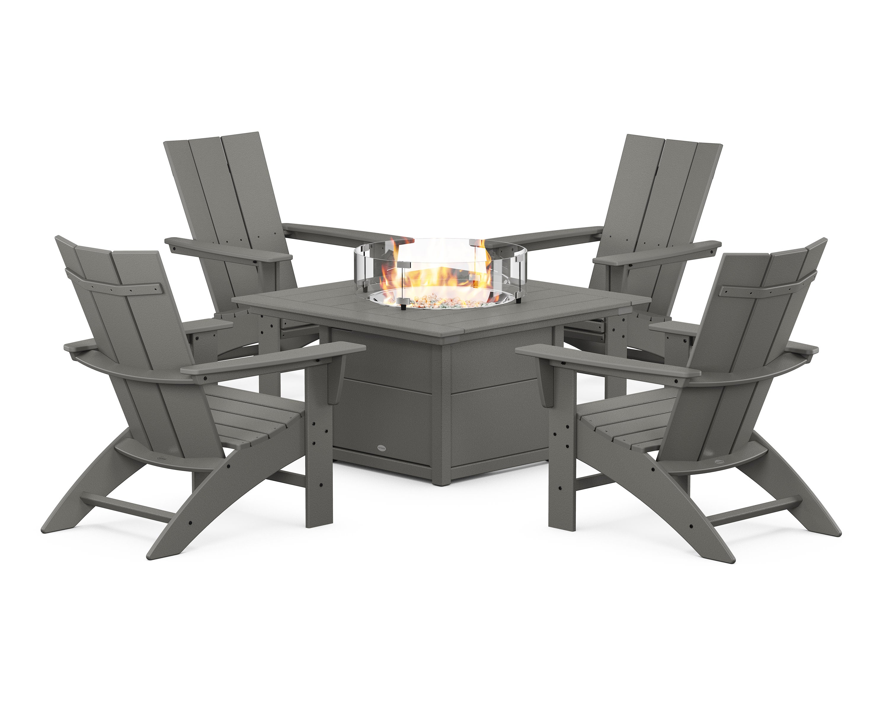 Modern Curveback Adirondack 5-Piece Conversation Set with Fire Pit Table in Slate Grey