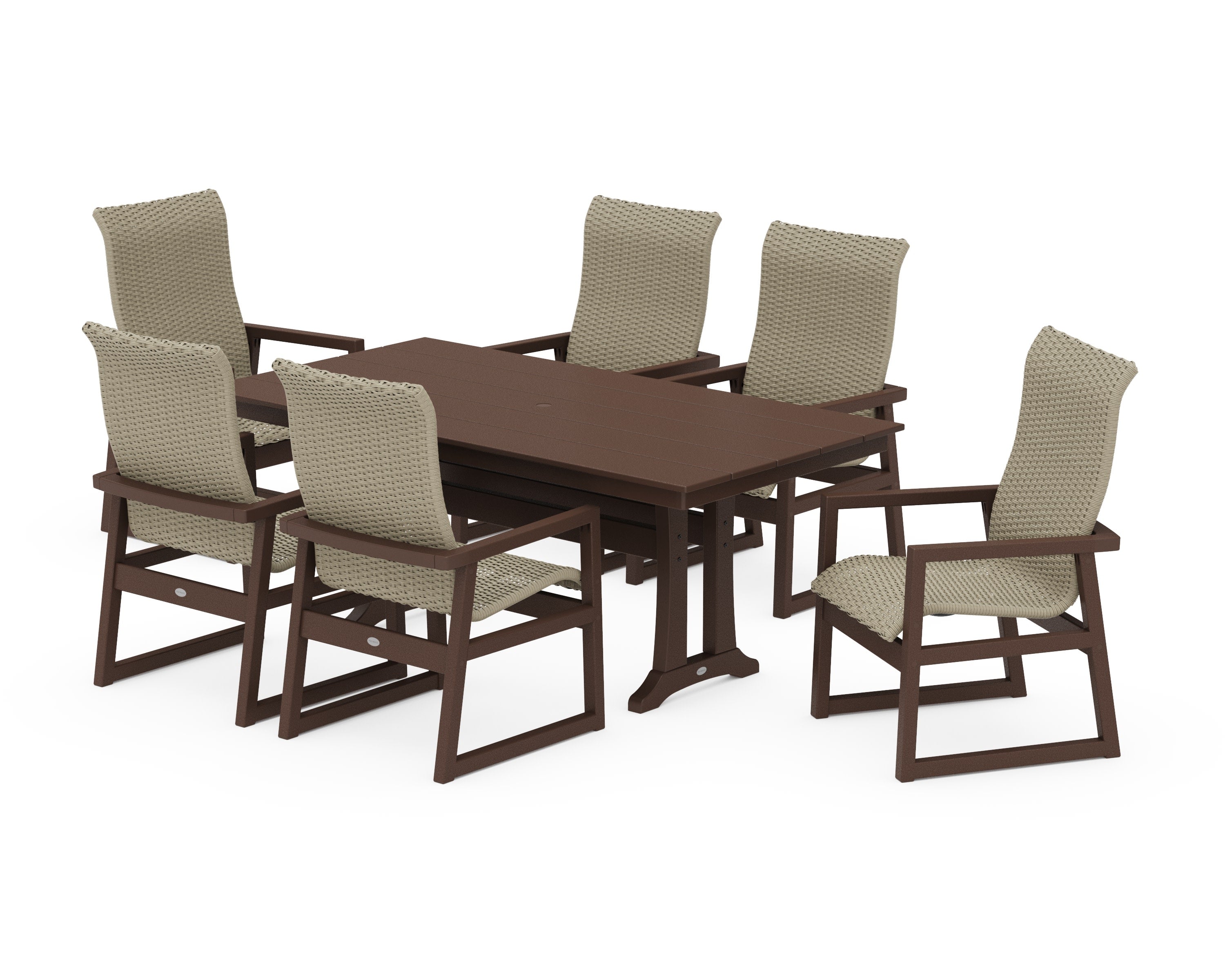 EDGE Woven Highback Arm Chair 7-Piece Farmhouse Dining Set with Trestle Legs in Mahogany / Dune Grass