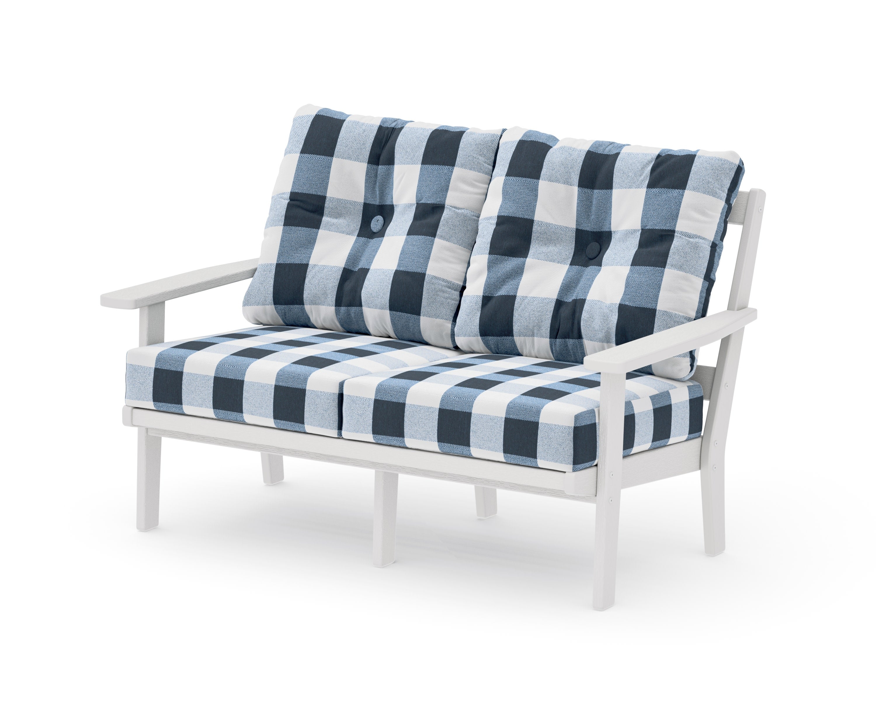 Prairie Deep SeatingLoveseat in Vintage White / Buffalo Plaid Marine Indigo