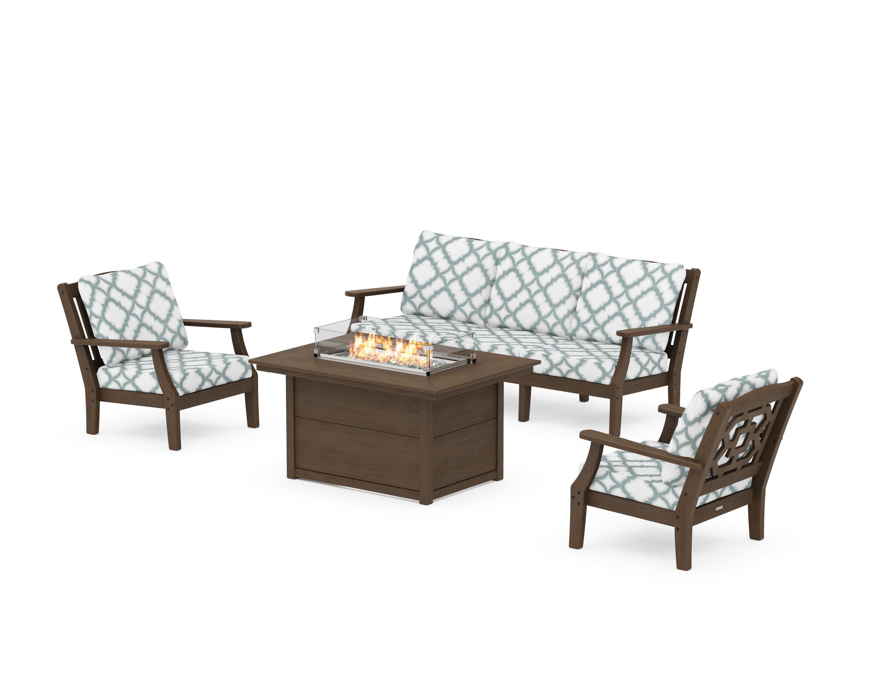 Chinoiserie Deep Seating Fire Pit Table Set in Kona / Trellis Glacier Spa