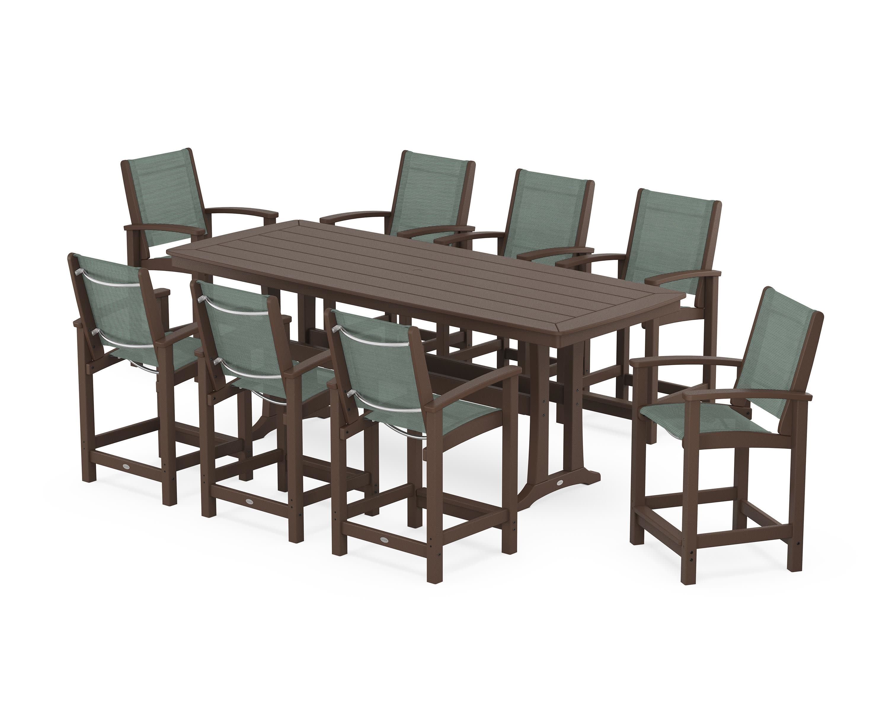 Coastal 9-Piece Counter Set with Trestle Legs in Mahogany / Dupioni Sea Mist Sling