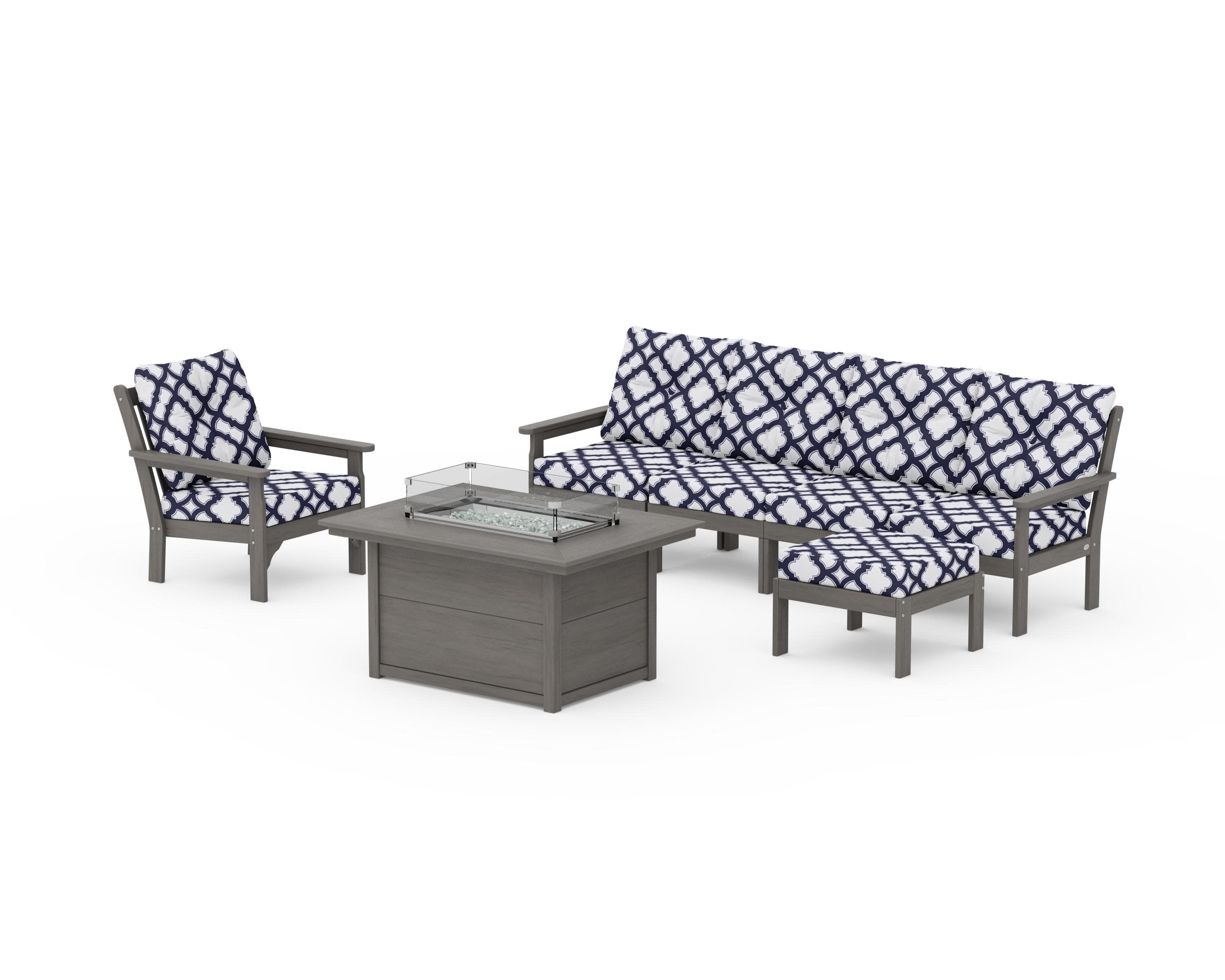 Vineyard Sectional Lounge and Fire Pit Set in Driftwood / Trellis Navy