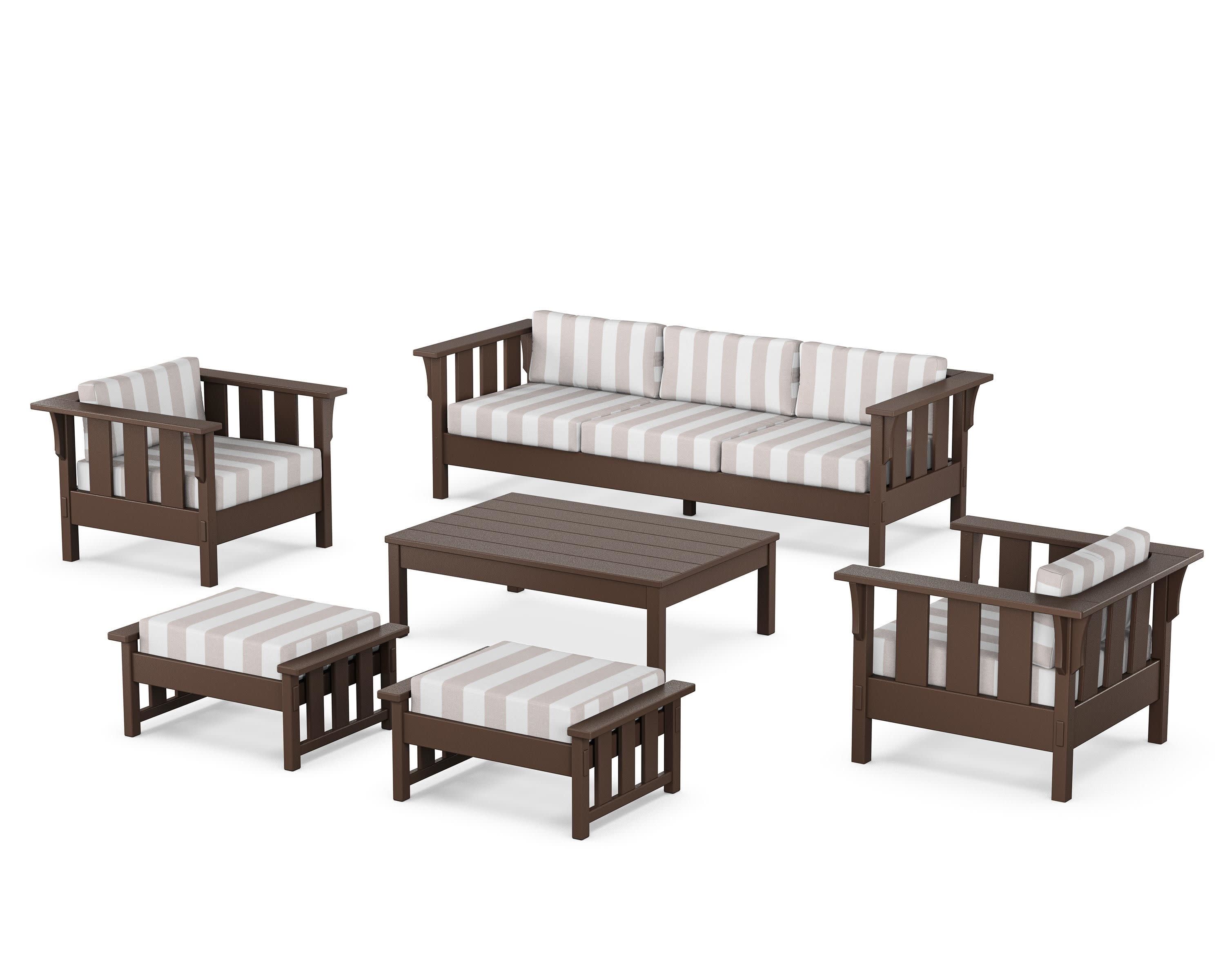 Acadia 6-Piece Lounge Sofa Set in Mahogany / Cabana Stripe Dune Burlap
