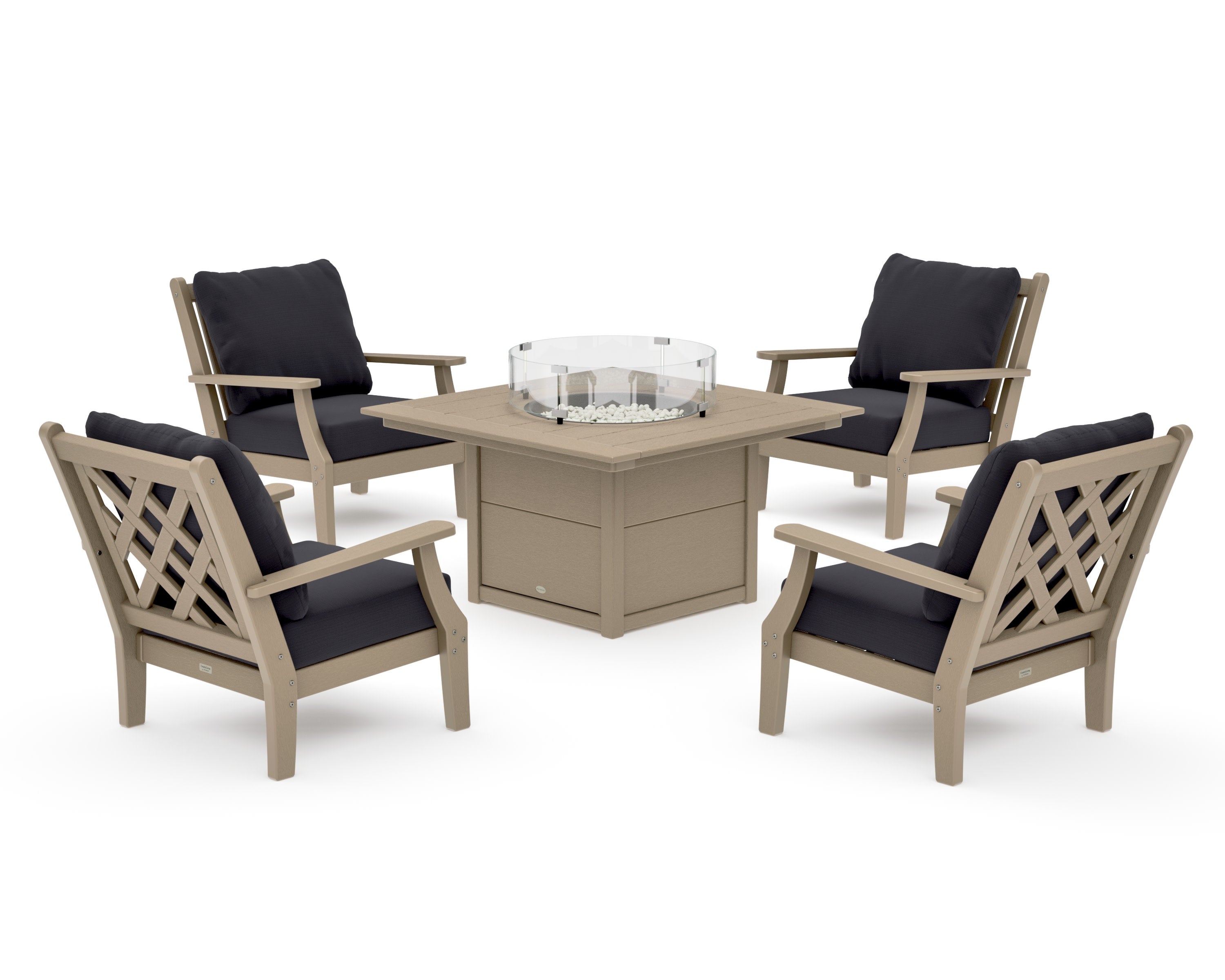 Wovendale 5-Piece Deep Seating Set with Fire Pit Table in Vintage Sahara / Midnight Linen