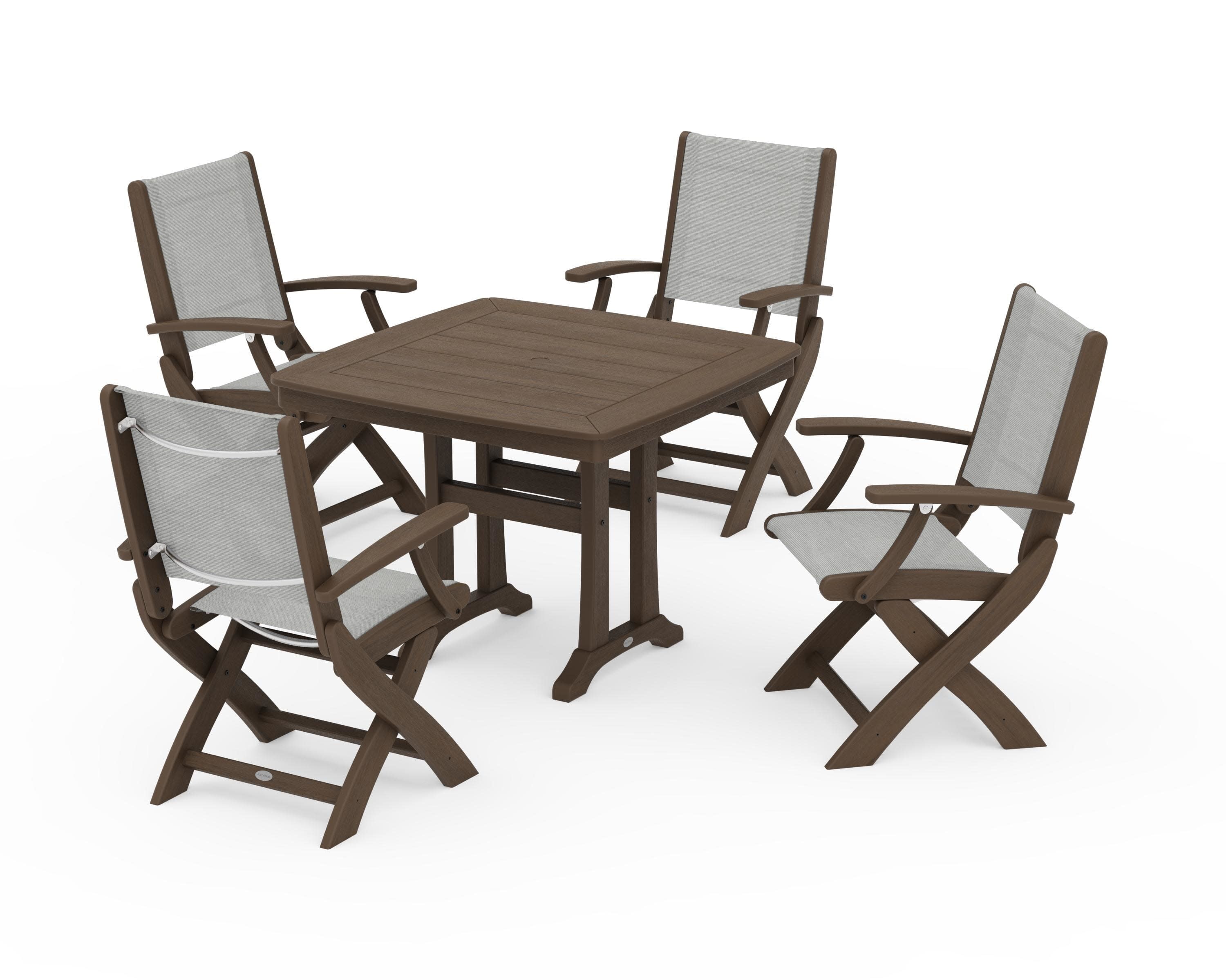 Coastal Folding Chair 5-Piece Dining Set with Trestle Legs in Kona / Metallic Sling