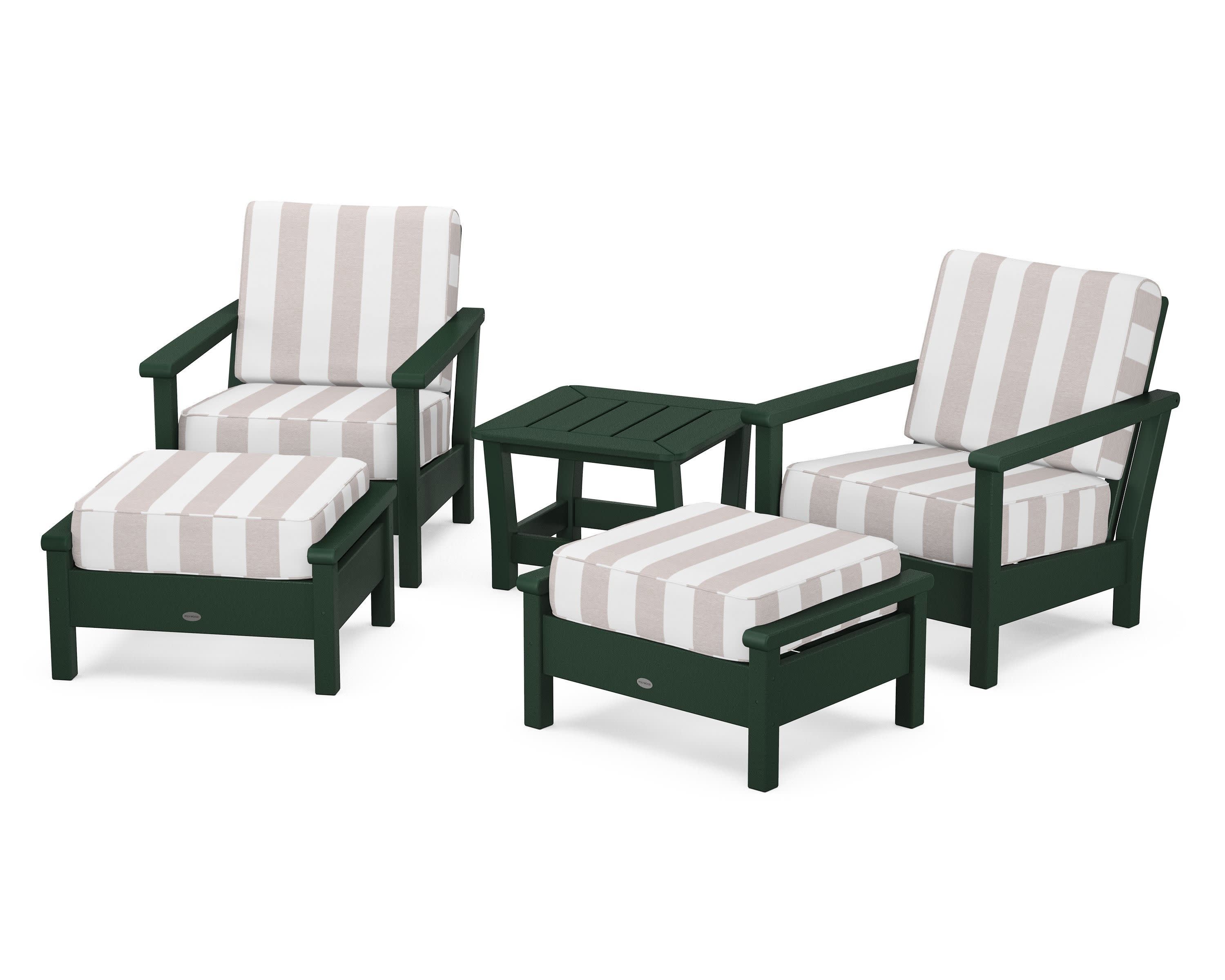Harbour 5-Piece Deep Seating Chair Set in Green / Cabana Stripe Dune Burlap