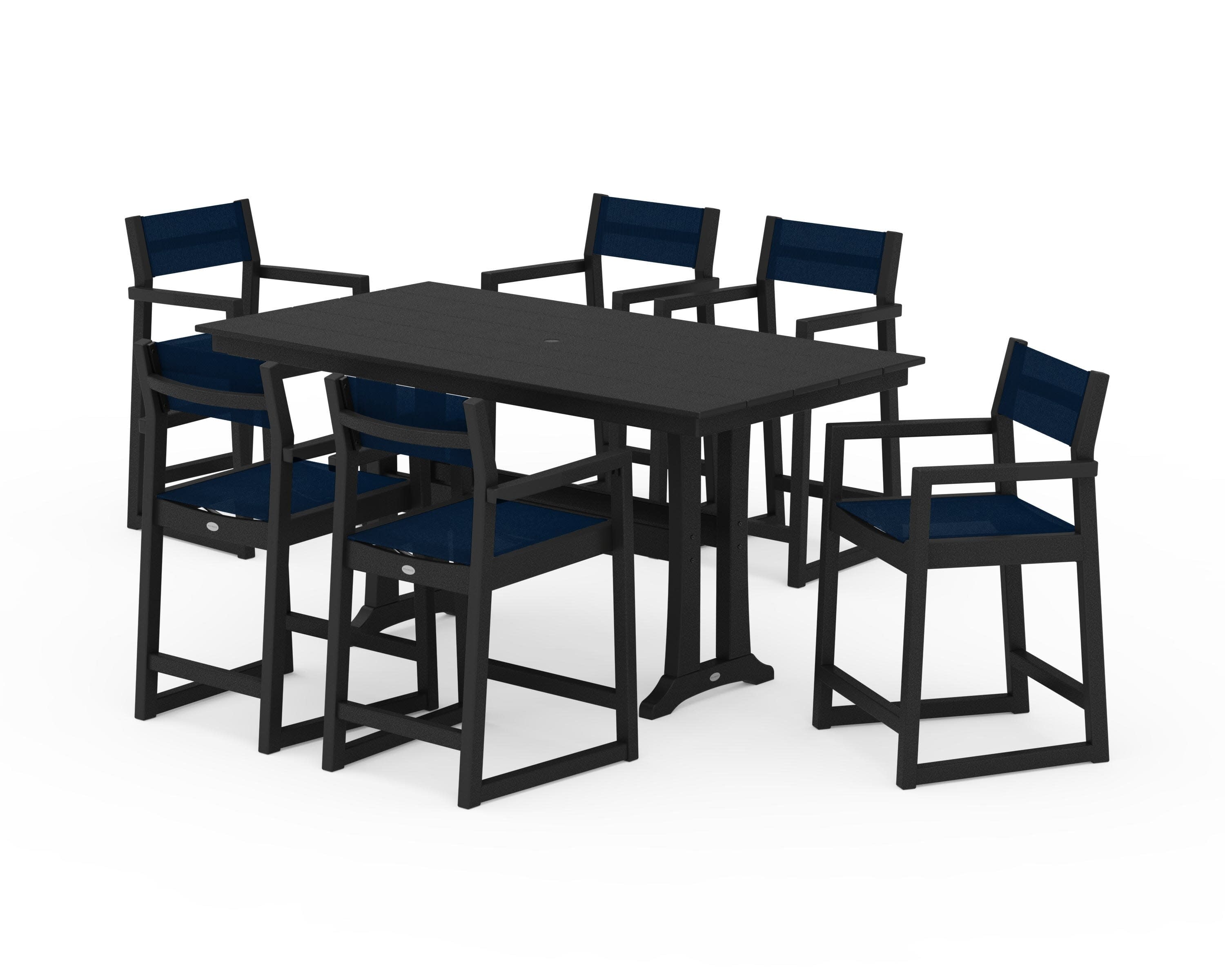 EDGE Sling Arm Chair 7-Piece Farmhouse Counter Set with Trestle Legs in Black / Navy Blue Sling