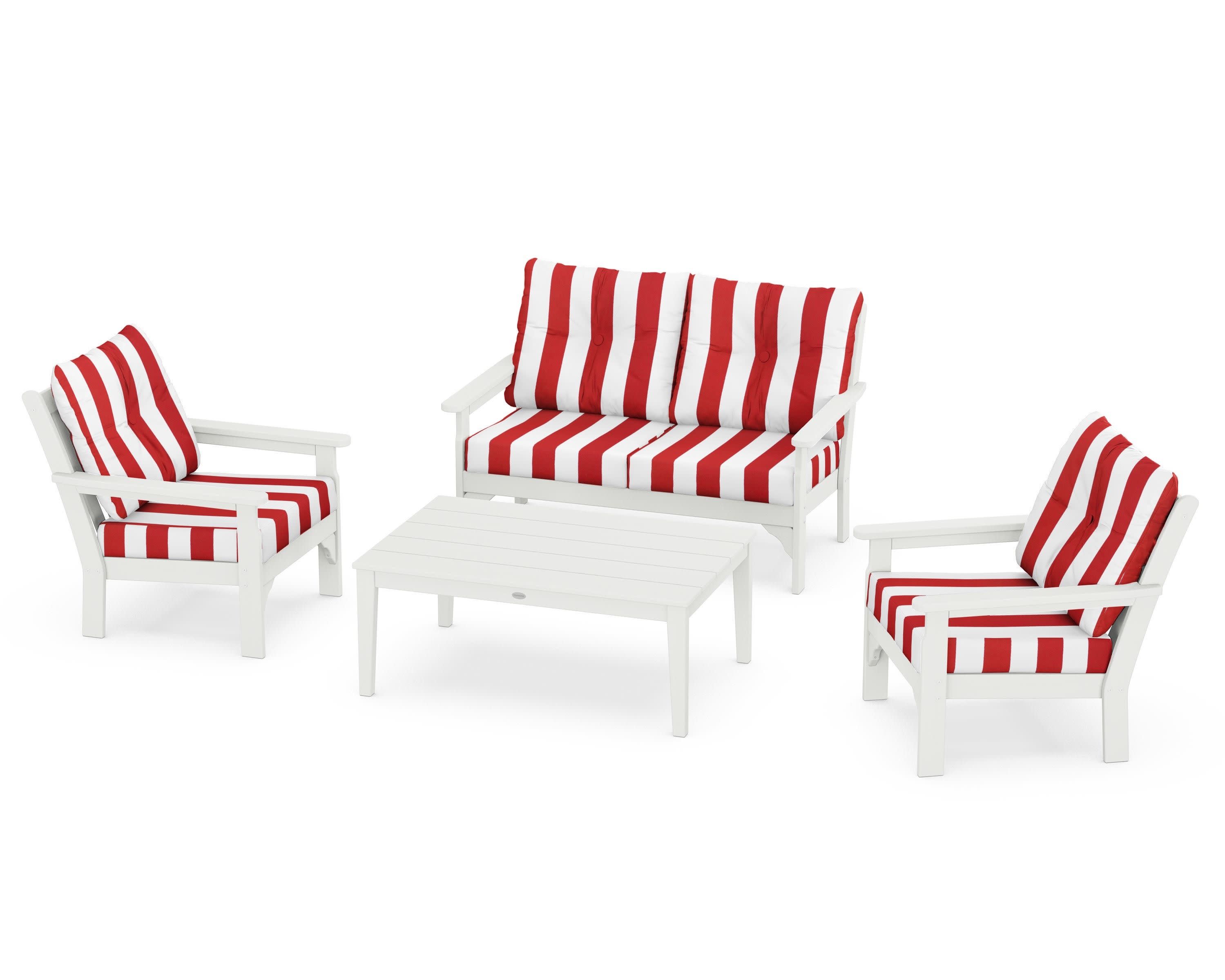 Vineyard 4-Piece Deep Seating Set in Vintage White / Cabana Stripe Crimson