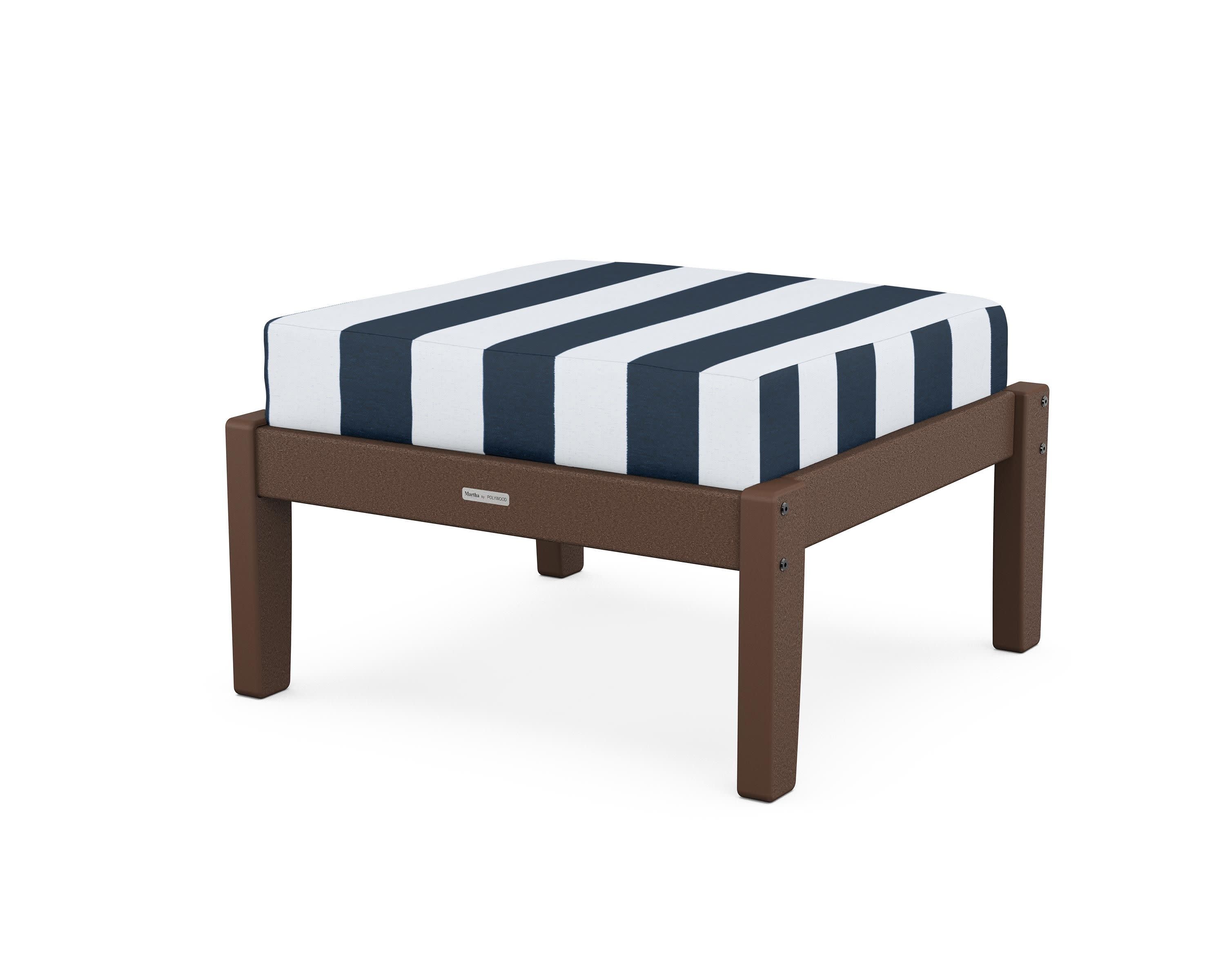 Chinoiserie Deep Seating Ottoman in Mahogany / Cabana Stripe Marine Indigo