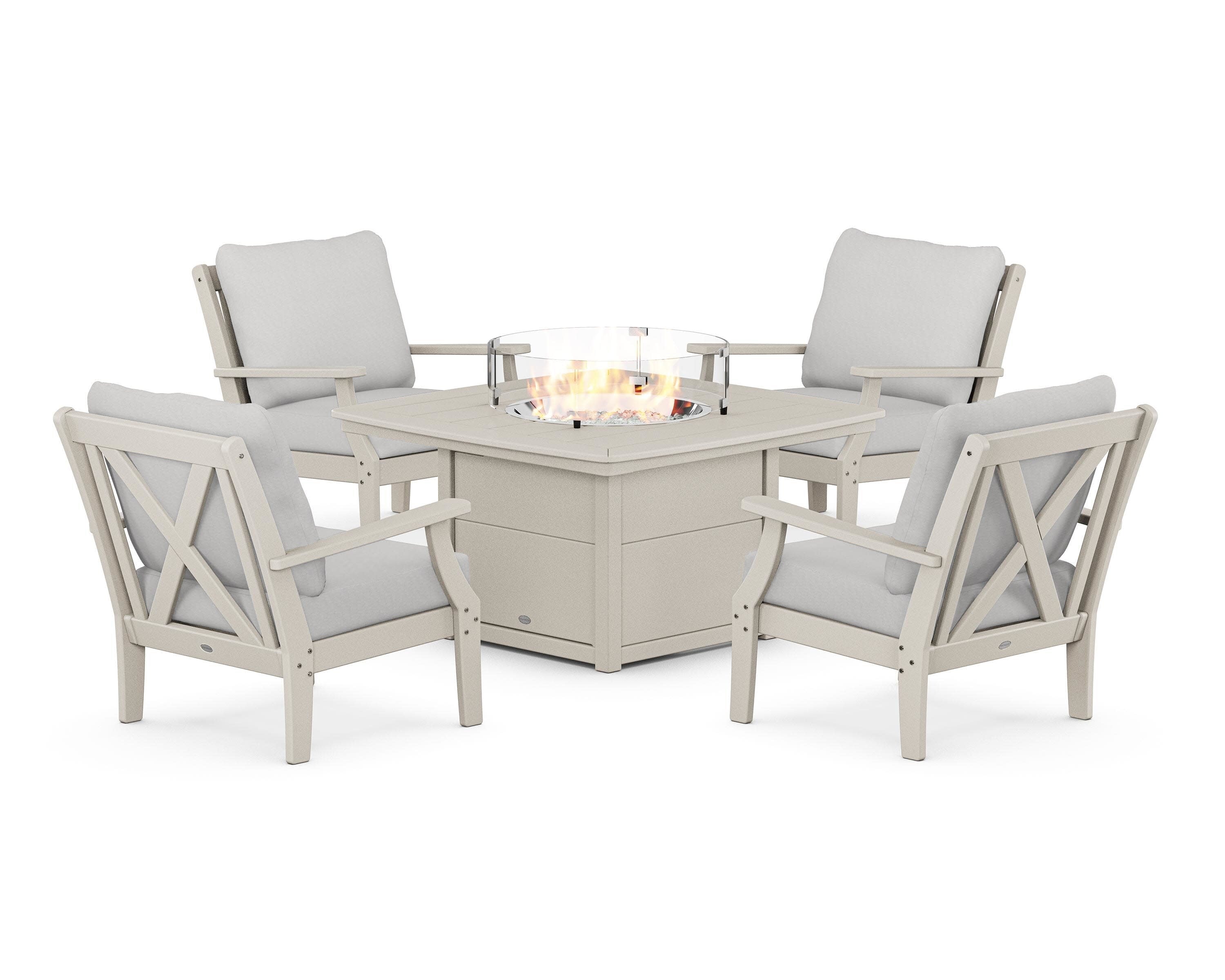 Braxton 5-Piece Deep Seating Conversation Set with Fire Pit Table in Sand / Diamond in the Rough