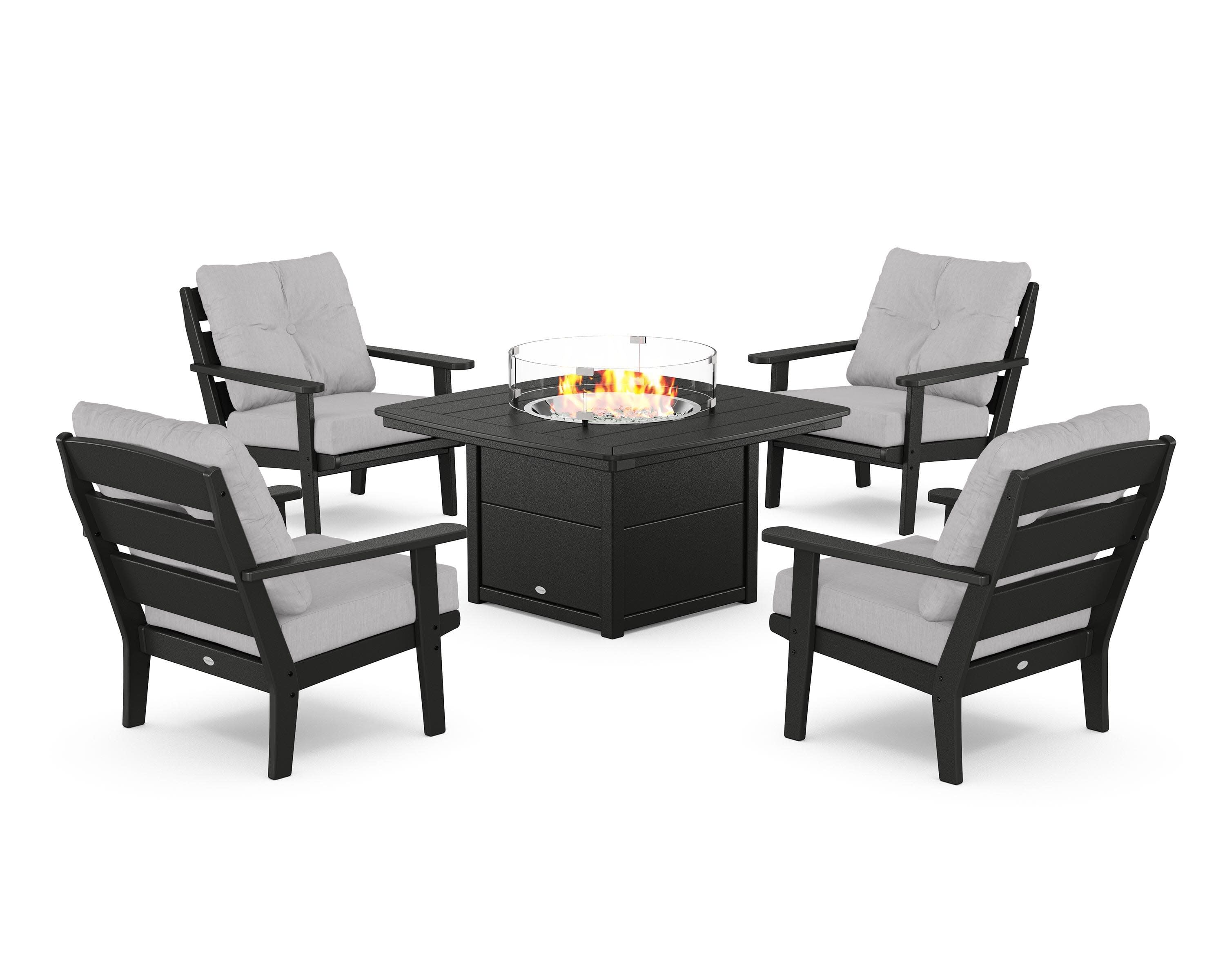 Lakeside 5-Piece Deep Seating Set with Nautical Fire Pit Table in Black / Granite