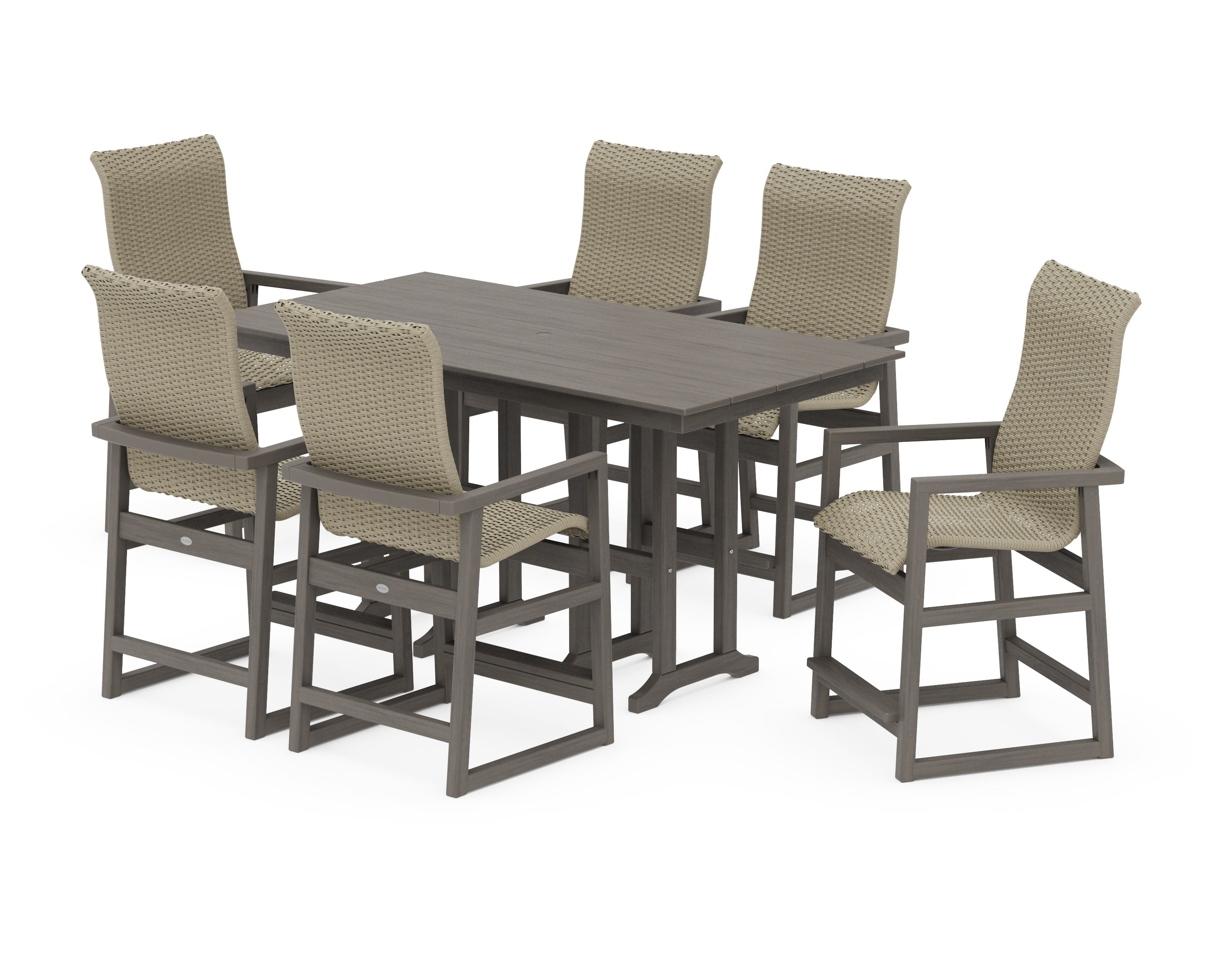 EDGE Woven Highback Arm Chair 7-Piece Farmhouse Counter Set in Driftwood / Dune Grass