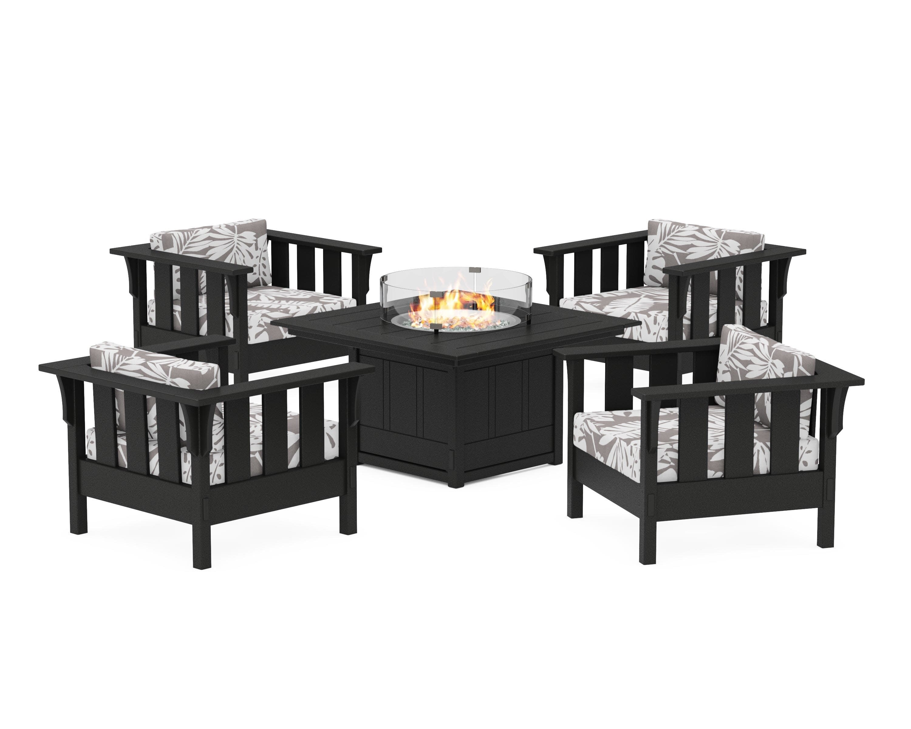 Acadia 5-Piece Deep Seating Set with Fire Pit Table in Black / Leaf Grey Mist