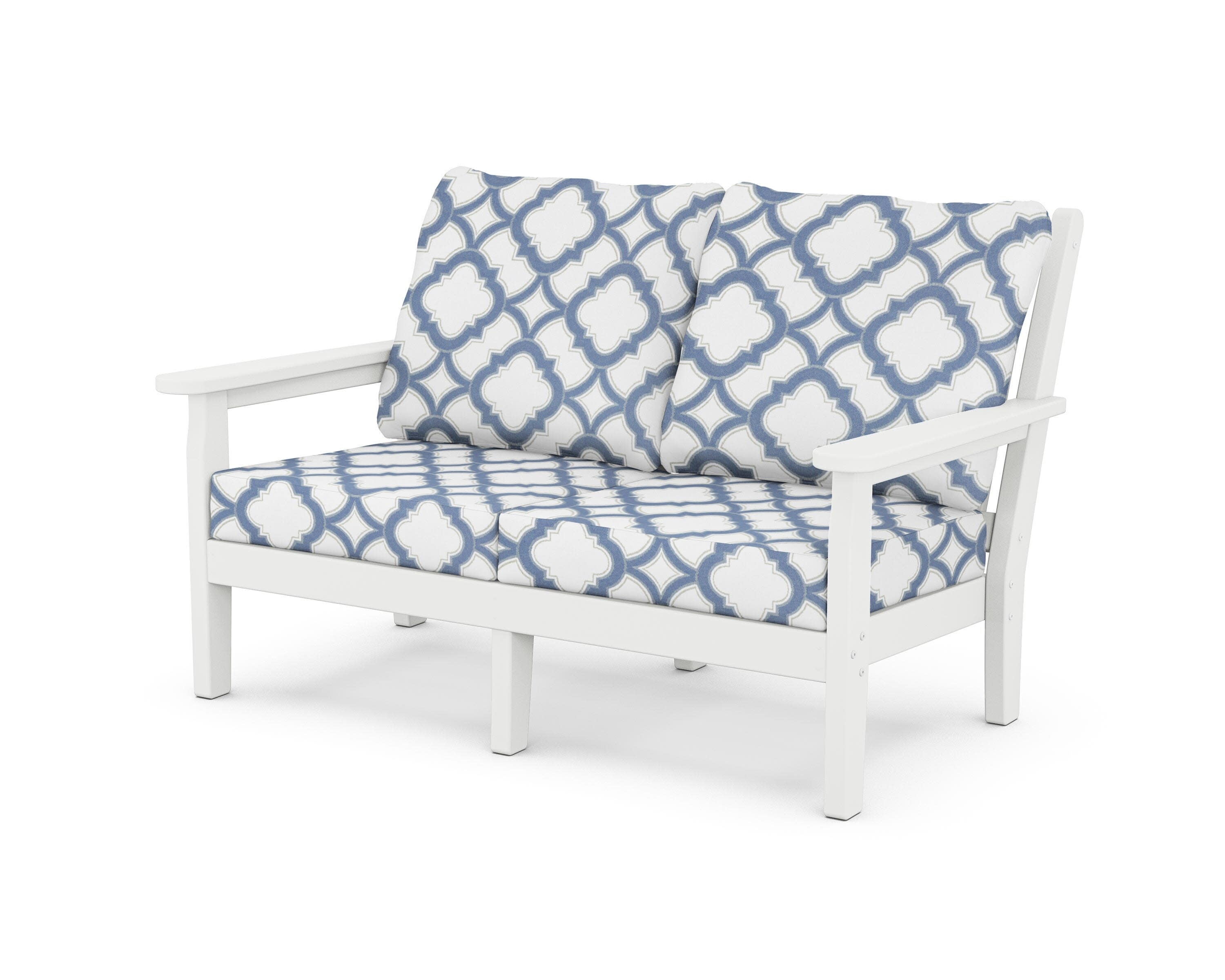 Chippendale Deep Seating Loveseat in White / Trellis Sky Blue