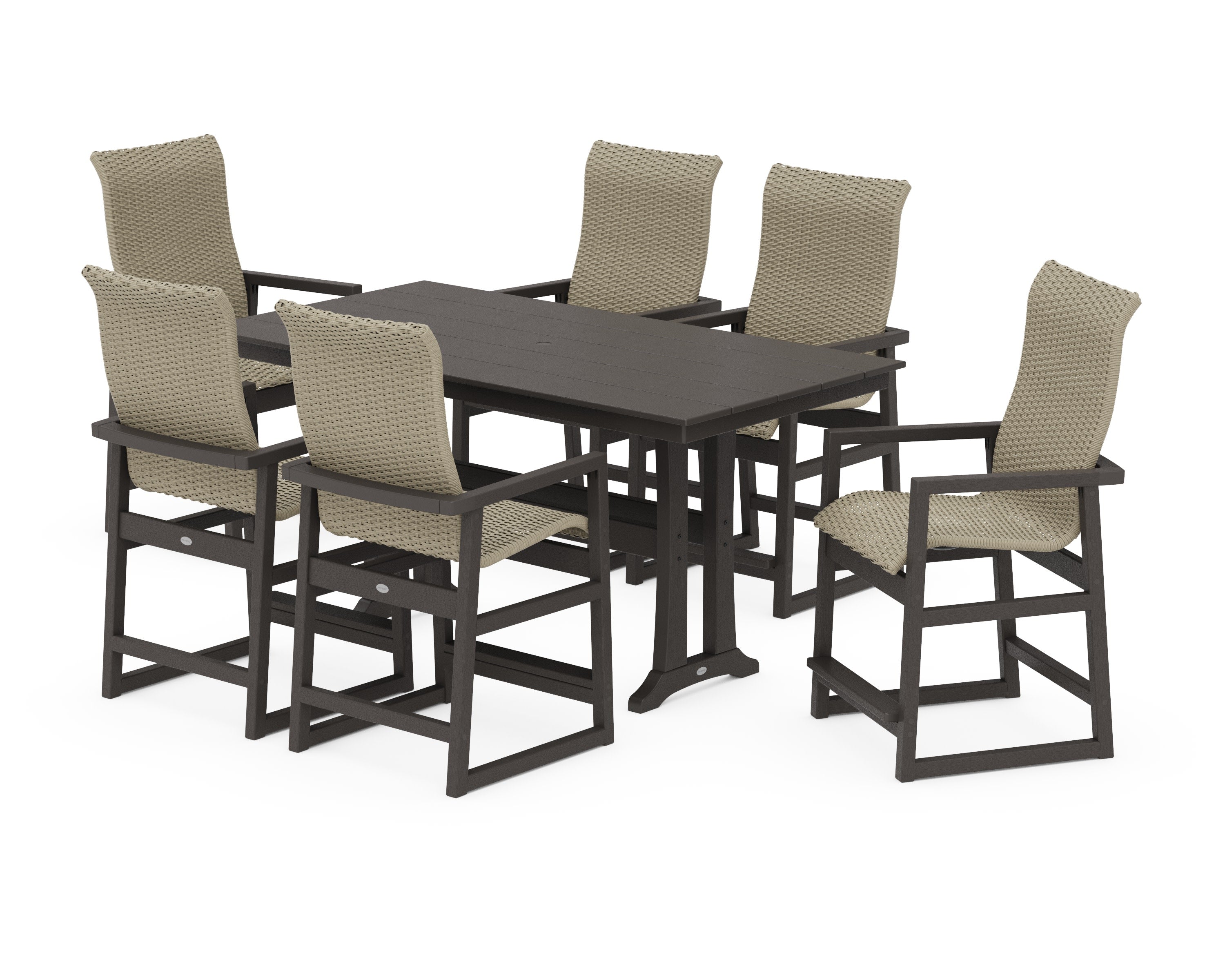 EDGE Woven Highback Arm Chair 7-Piece Farmhouse Counter Set with Trestle Legs in Vintage Coffee / Dune Grass
