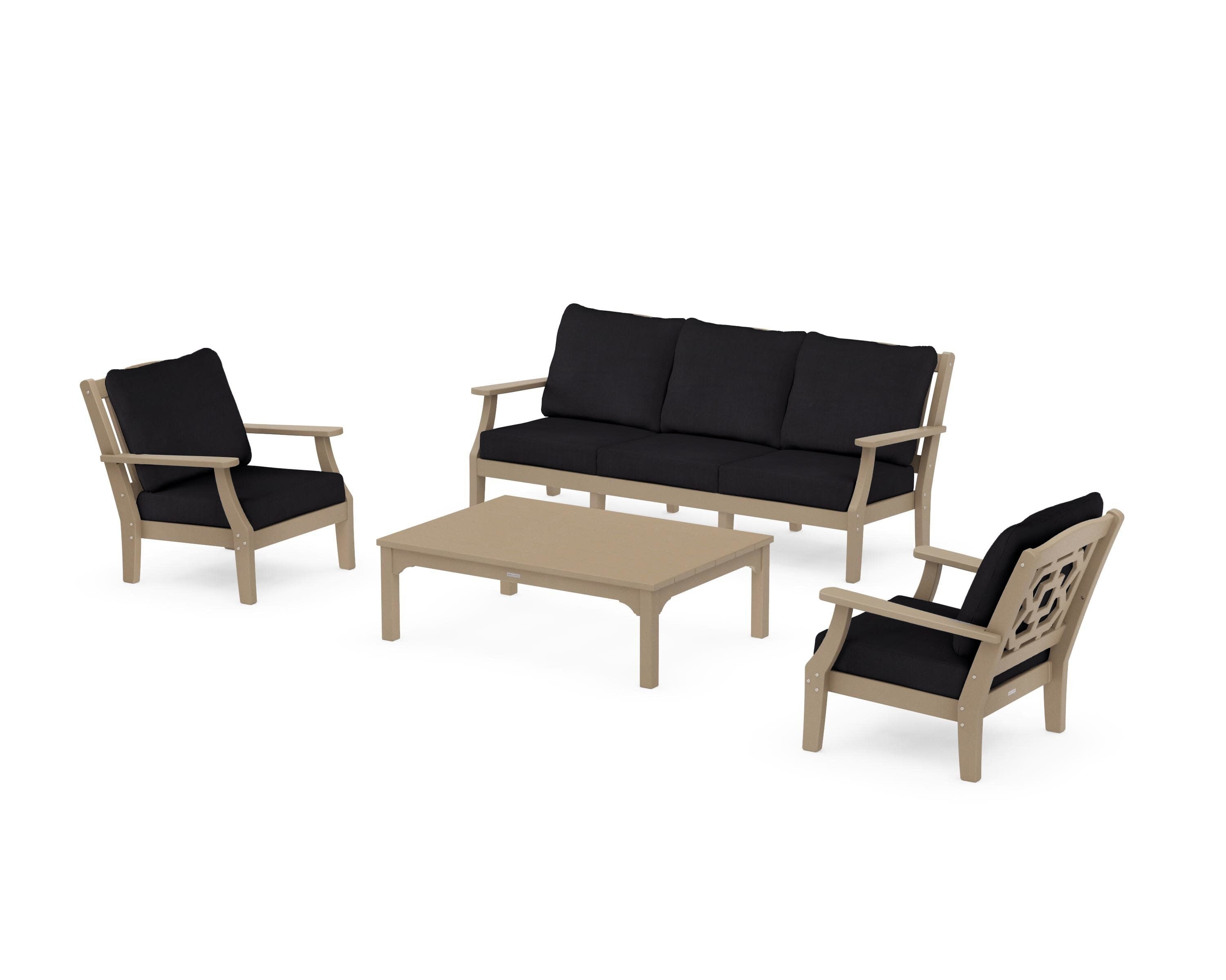 Chinoiserie 4-Piece Deep Seating Set with Sofa in Vintage Sahara / Midnight Linen