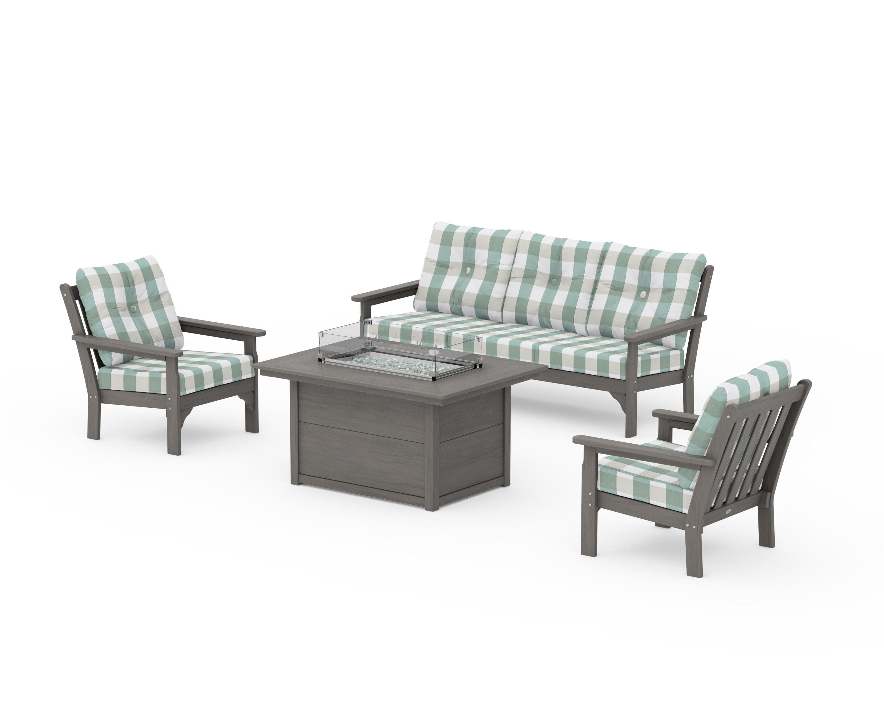 Vineyard Deep Seating Fire Pit Table Set in Driftwood / Buffalo Plaid Glacier Spa