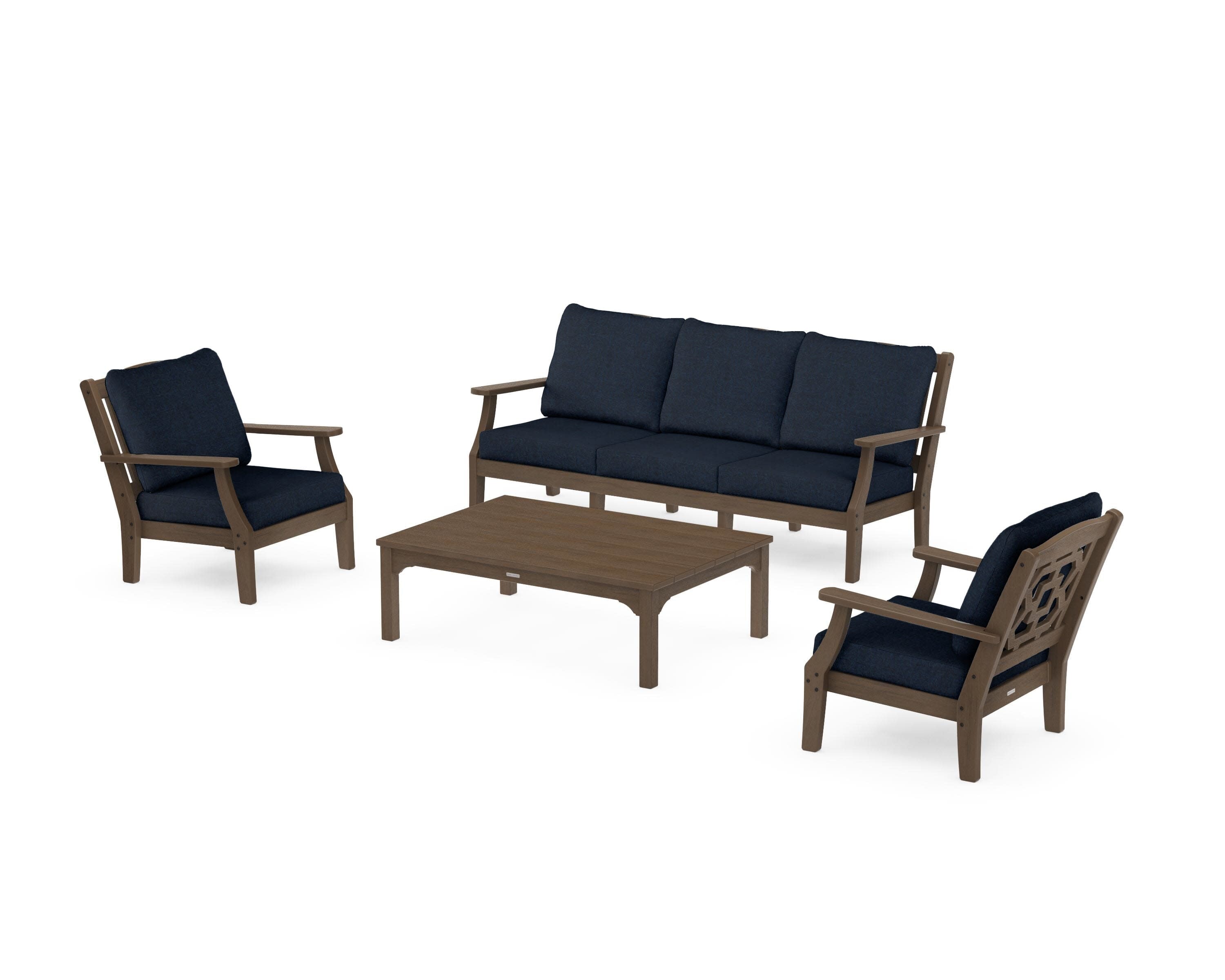 Chinoiserie 4-Piece Deep Seating Set with Sofa in Kona / Marine Indigo