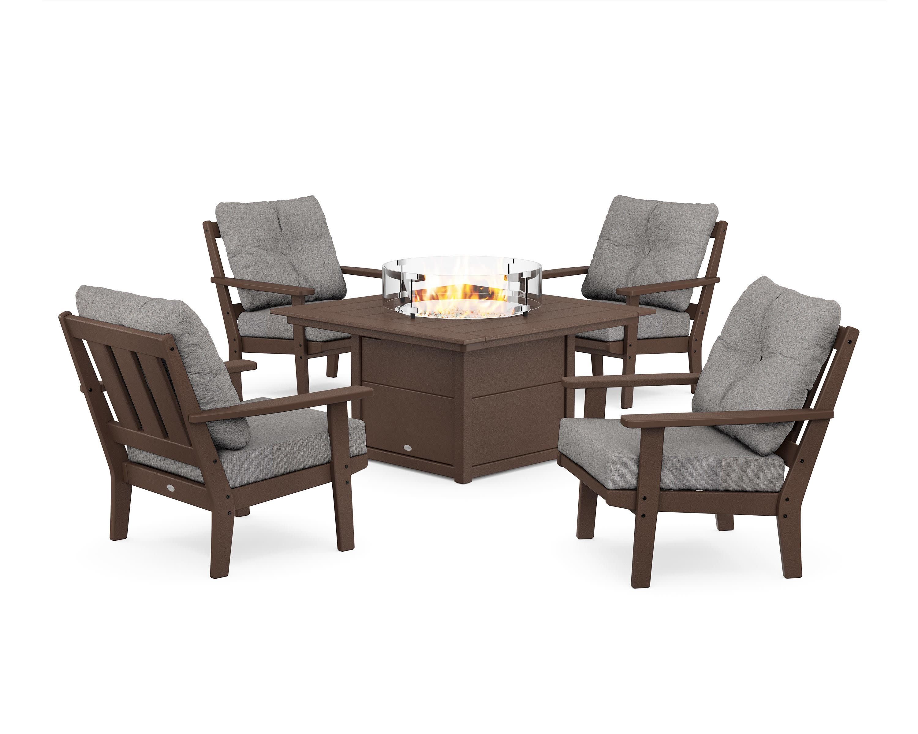 Oxford 5-Piece Deep Seating Set with Fire Pit Table in Mahogany / Grey Mist