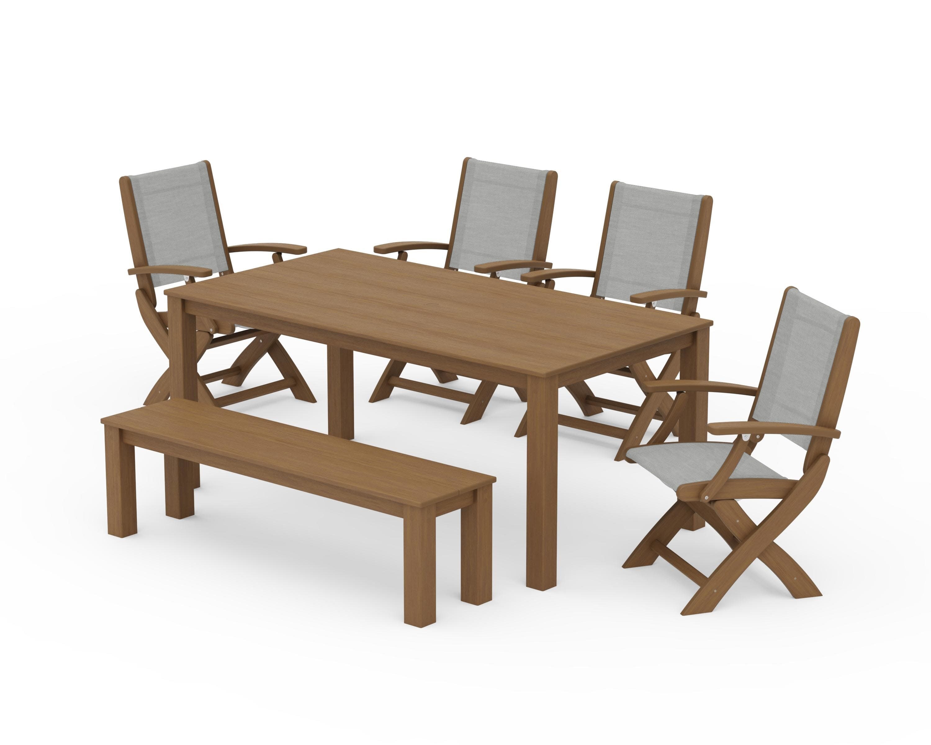 Coastal Folding Chair 6-Piece Parsons Dining Set with Bench in Natural / Metallic Sling