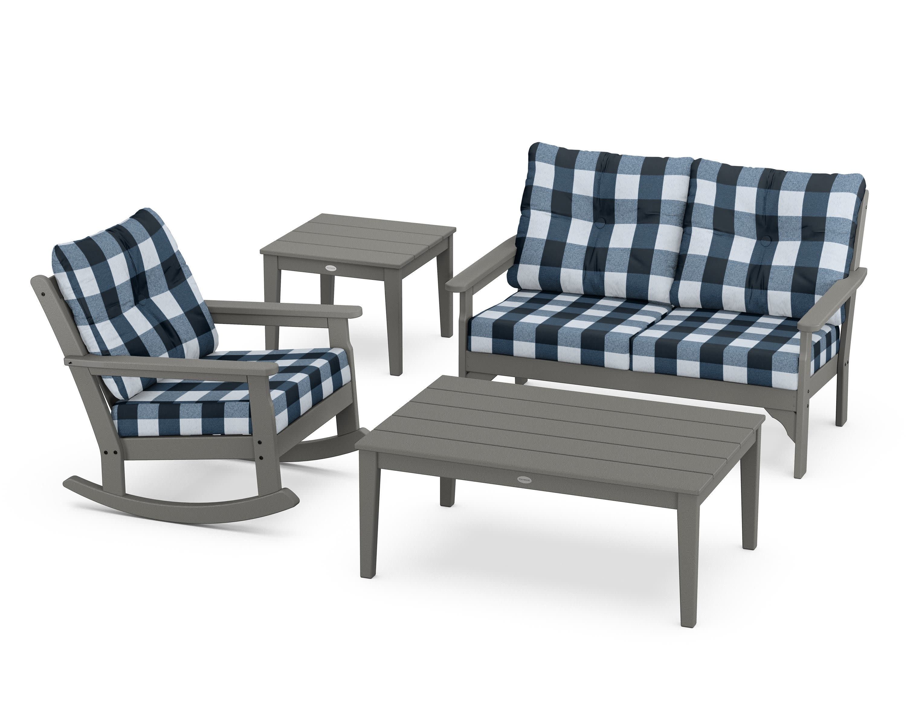 Vineyard 4-Piece Deep Seating Rocker Set in Slate Grey / Buffalo Plaid Marine Indigo