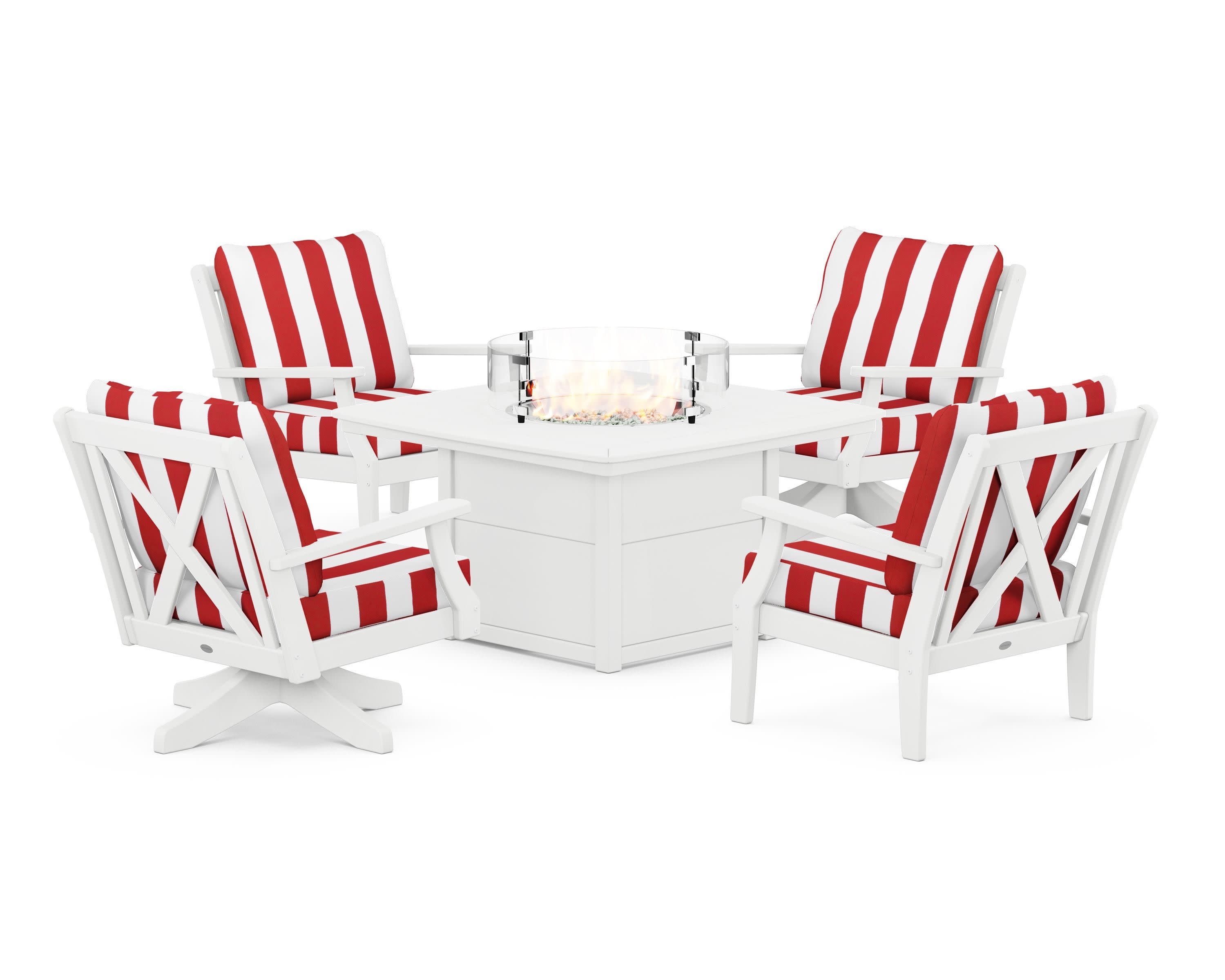 Braxton 5-Piece Deep Seating Set with Fire Table in White / Cabana Stripe Crimson