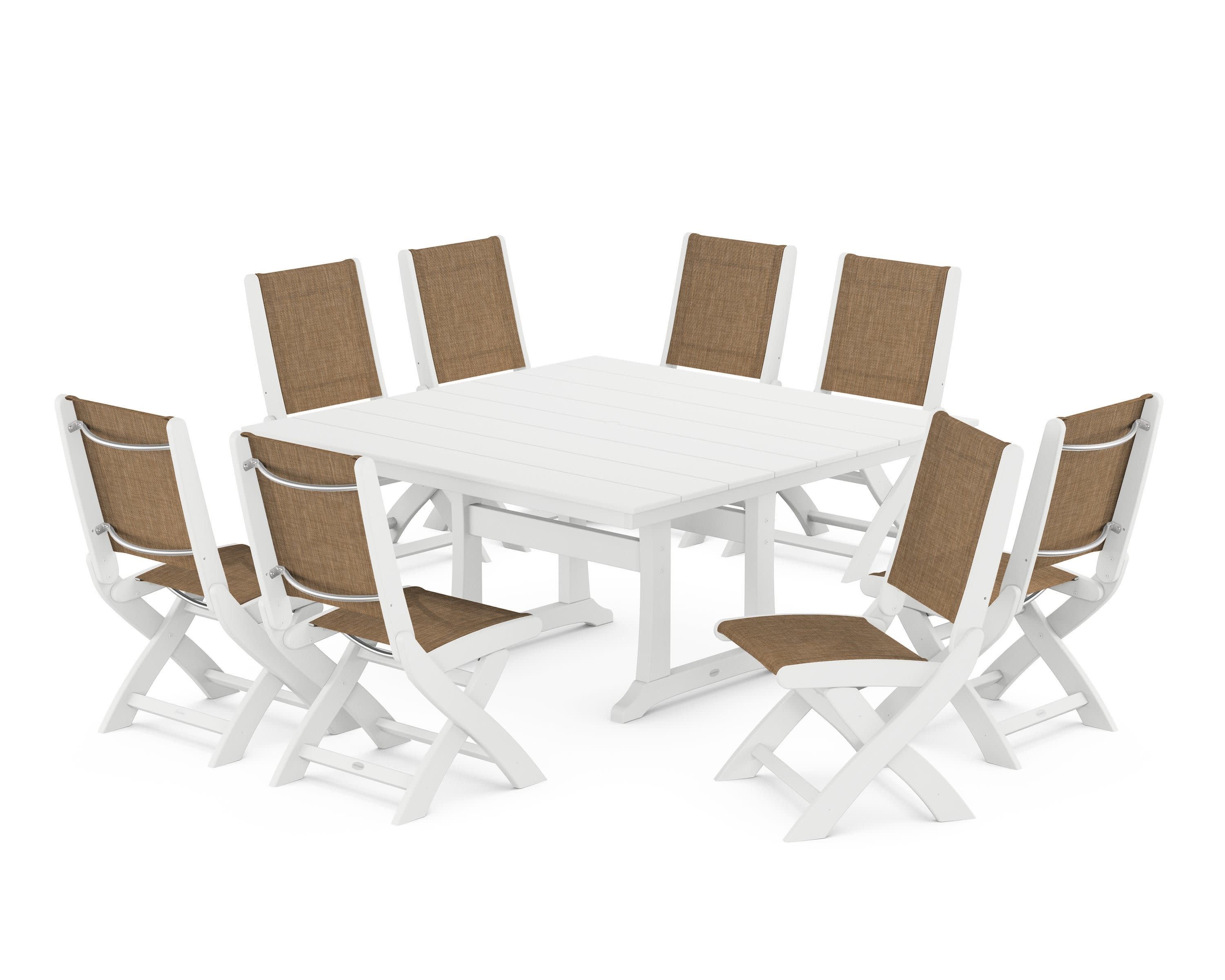 Coastal Folding Side Chair 9-Piece Farmhouse Dining Set in White / Burlap Sling