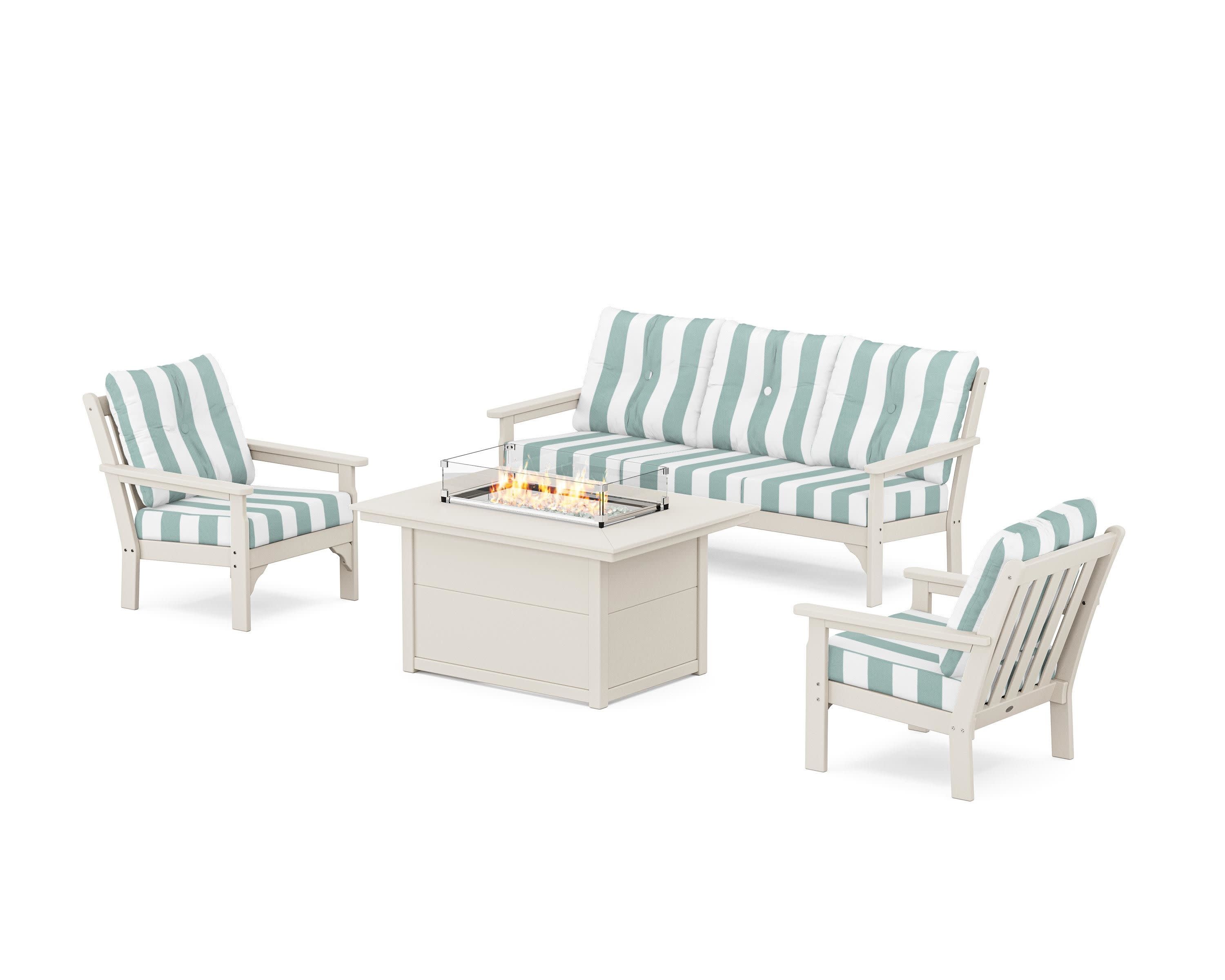 Vineyard Deep Seating Fire Pit Table Set in Sand / Cabana Stripe Glacier Spa