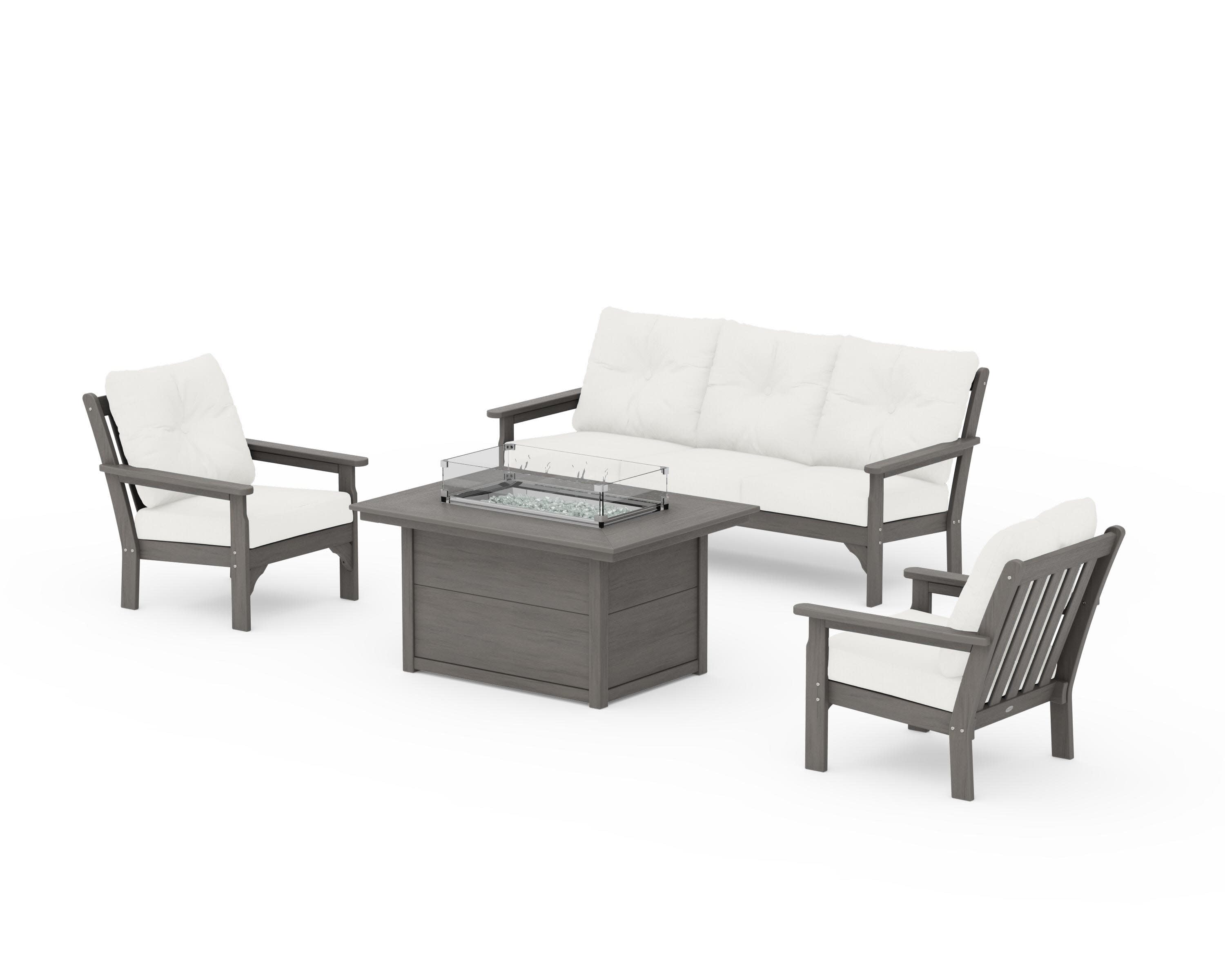 Vineyard Deep Seating Fire Pit Table Set in Driftwood / Natural Linen