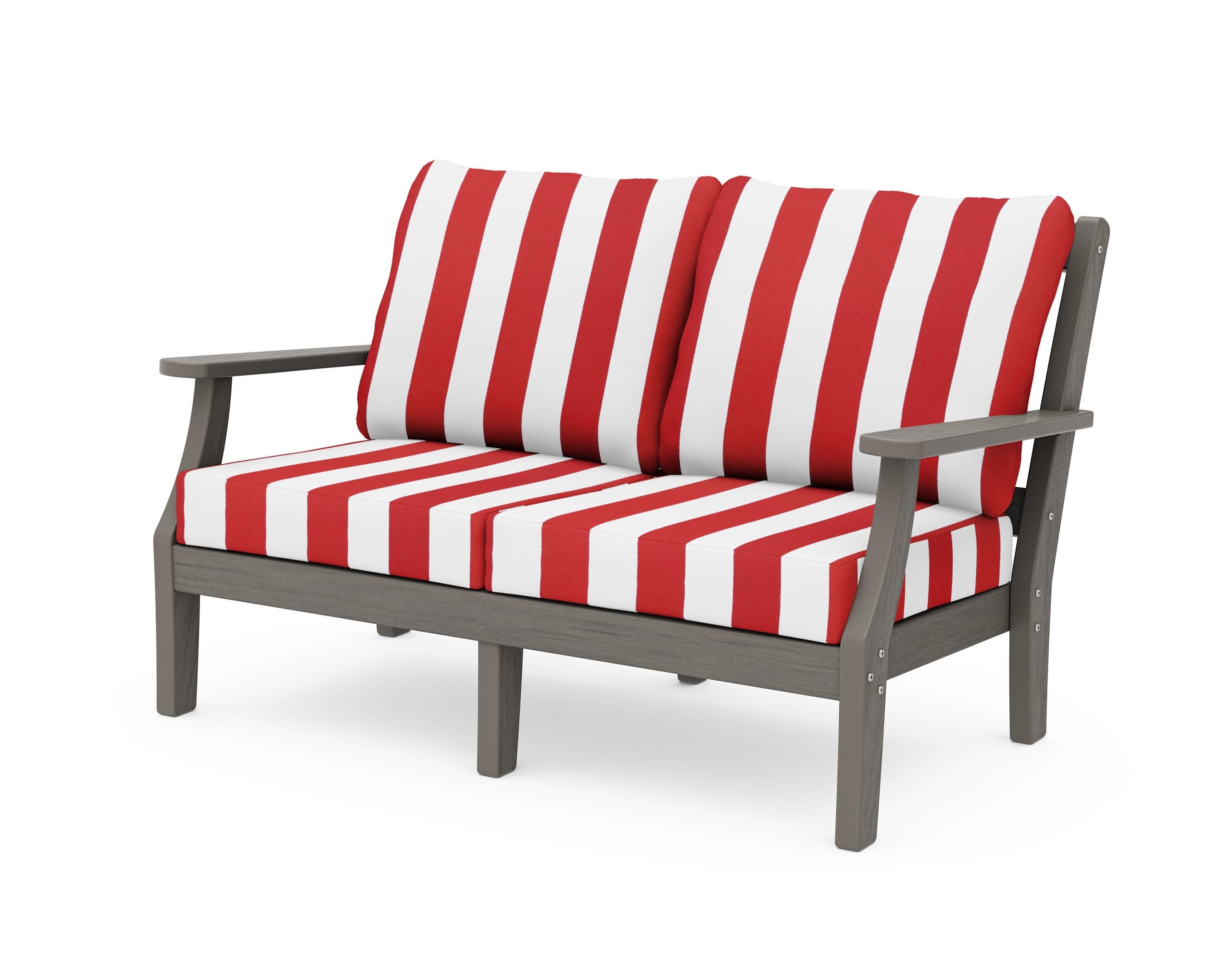 Chinoiserie Deep Seating Loveseat in Driftwood / Cabana Stripe Crimson