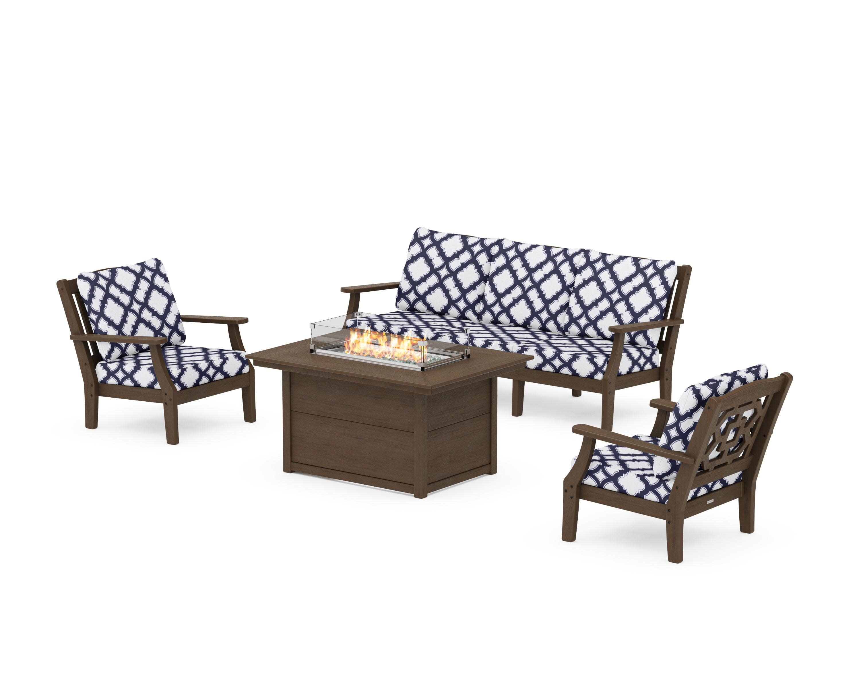 Chinoiserie Deep Seating Fire Pit Table Set in Kona / Trellis Navy